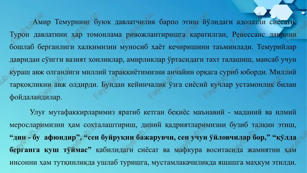 “xalq bilan muloqat va inson manfaatlari” asosida o'n yillarga tatigulik, bunyodkorlik ishlari amalga oshirildi. 2017 yil, 7-fevralda prezidentimiz sh.m.mirziyoev tashabbusi bilan 2017-2021 yillarda o'zbekiston respublikasini rivojlantirishning beshta ustuvor yo'nalishi bo'yicha harakatlar strategiyasi ishlab chiqildi. strategiya – bu islohatlarni amalga oshirishning aniq mo'ljallangan yangi harakat dasturidir. harakatlar strategiyasi jamiyatning barcha sohasida boshlangan islohatlarni tezlashtirmoqda, uni jo'nbushga keltirmoqda. odamlarda kelajakka nisbatan ishonchni yanada kuchaytirdi. xalqimiz turmush tarziga ko'tarinki ruh olib kirmoqda. buyuk kelajakni yaratish bugundan boshlanadi. bu uchun kishilar bugun yaxshi yashashlari zarur. “xalqimiz o'z hayotidagi ijobiy o'zgarishlarni kelajakda emas, bugun ko'rishni, ulardan bugun bahramand bo'lishni istaydi.” 2-tom, 226- bet. harakatlar strategiyasida belgilangan vazifalar aynan, ana shunday zaruratni yuzaga chiqarishga qaratilgani bilan ham qadrlidir., milliy tiklanishdan milliy yuksalish sari g'oyasini rivojlanishning beshta ustuvor yo'nalishi – harakatlar strategiyasi reallikka aylantiradi. chunki, shu asosdagi islohatlar odamlarni ochiqlik, oshkoralik, shaffoflik muhitida yashash va ishlashga ham da'vat etmoqda. 2019 yil nashrdan chiqqan milliy tiklanishdan milliy yuksalish …