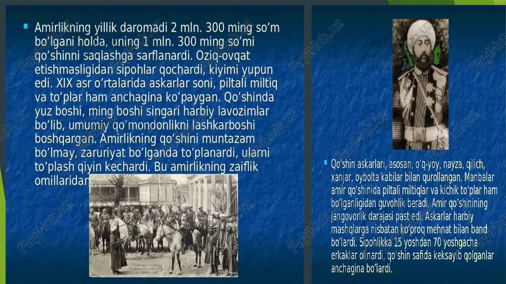 ”inoqi kalon” – katta inoq. umaro, shogirdpeshalar va boshqa-larga amir suhbatiga musharraf bo`lgan yoki bo`lmaganlari to`g`risida xabar bergan. iv. “xo`jai kalon” – katta xo`ja. saroy mahramlarining kattasi. amir harami eshigining posboni. haramga lozim bo`lgan oziq-ovqat va kiyim-kechaklarni yetkazib bergan. yuqorida zikr etilgan amallarning amir atrofida maxsus o`rinlari bo`lgan. bular ahli qalamdan alohida turgan. amir ijozati bilan “devonbegi kalon” saroyga otga minib kelishi mumkin edi.98 quyidagi amaldorlar ham amir yaqinlaridan bo`lib, amirning amri bilan otda saroyga kelishlari mumkin bo`lgan. bularning martabalari “ko`kaldosh”, “qo`shbegi”, “inoq” va “xo`ja kalon”dan ancha past turgan. bular “inoqi xurd”(kichik inoq), “mehtari kalon”(katta mehtar), “devoni sarkor” va “dasturxonchi”. “inoqi xurd” amir muhrlari saqlanadigan sandiqchaga posbonlik qilgan. elchilarning xatlari, arizalari avval “inoqi xurd”(kichik inoq) qo`liga berilgan. u xatni ochib, amirning amri bilan ovoz chiqarib o`qib berish uchun “munshiy”ga bergan. “mehtari kalon” vazifasi shundan iborat ediki, musulmonlar ushrlaridan to`rtdan birini, musulmon bo`lmaganlardan ushrlarning yarmini, harbiylar ushrlarini naqdini, g`alla va boshqa …