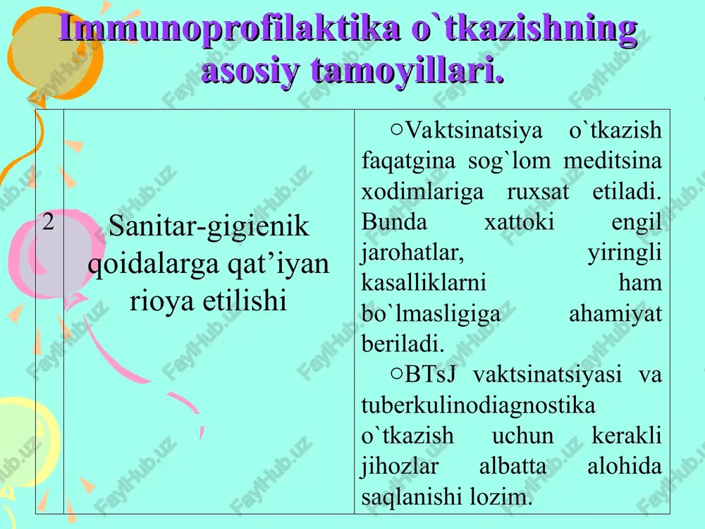 ladi; -ishlatilgan barcha anjomlar: shprits, ignalar, paxta, salfetka, bo‘shagan ampulalar mahsus zararsizlantirish qutisiga tashlanadi; -qo‘lqoplar yechilib, qo‘llar yuviladi; -emlash haqida ma'lumotlar, ya'ni: sana, vaksina seriyasi va raqami, dozasi, yuborish usuli kerakli hujjatlarga yoziladi (f-112u, f-63u, 025u, 026u). -emlangan bola 1 soat mobaynida hamshira kuzatuvida bo‘lishi kerak, -onasi bola emlanganligi haqida ogohlantirilib, bola 3-4 kun kuzatib borilishi kerakligi uqtiriladi; poliomielitga (sholga) qarshi emlash opv maqsad: -sholning oldini olish; zaruriy sharoit: -bola shifokor ko‘rigidan o‘tib emlanish uchun ruxsat olishi kerak; -emlash maxsus jihozlangan xonada o‘tkazilishi kerak; kerakli jihozlar: -og‘izga tomizish uchun sholga qarshi zardob (opv); -tomizg‘ich, paxta tamponlar, pinset, lotok, rezina qo‘lqoplar, 70% li etil spirti, steril shpatel, zararsizlantiruvchi eritma; bajarish algoritmi: -kerakli anjomlarni tayyorlab olinadi, -qo‘llar yuvilib, qo‘lqoplar kiyladi; -opv flakoni tekshiriladi (muddati, rangi, butunligi); -opv flakoni spirtda ho‘llangan paxta bilan artiladi; -pinset yordamida qopqopchasi olinadi va bo‘g‘zi paxta bilan artiladi; -flakon bo‘g‘ziga tomizg‘ich kiydiriladi; -bola onasining tizzasiga o‘tkiziladi, og‘zi shpatel …