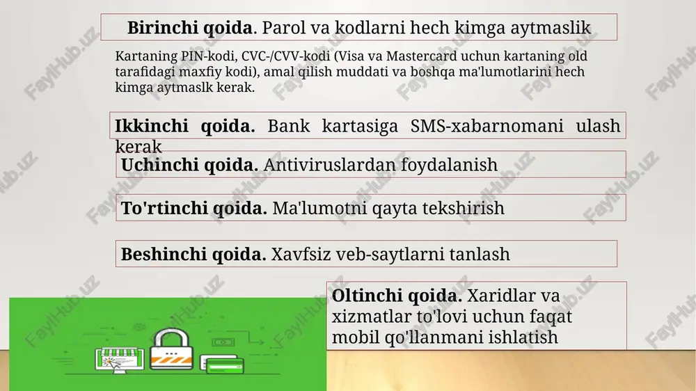 zkur tizimning boshqa ishtirokchisiga o‘tkazish orqali boshqa operatsiyalarni amalga oshirish maqsadida foydalanadi (3-rasm). shuningdek, o‘zbekiston respublikasi hududida realizatsiya qilingan tovarlar, ishlar va xizmatlar uchun to‘lovlarni amalga oshirishda faqat respublikamiz hududida chiqarilgan elektron pullar qabul qilinishi belgilangan. elektron pullar tizimida har bir elektron pullar egasiga mazkur tizim qoidalari, elektron pullarni chiqarish, foydalanish va ularni qoplash to‘g‘risidagi shartnoma hamda emitent va operator o‘rtasida tuzilgan shartnomaga muvofiq elektron hamyon shakllantiriladi yoki oldindan to‘langan karta (prepaid card) ko‘rinishida emitent, operator yoki elektron pullar tizimining agenti tomonidan beriladi (4-rasm). operator elektron pullarni ayirboshlash operatsiyalarini turli elektron pullar tizimlari hamda ko‘p emitentli elektron pullar tizimi doirasida amalga oshirishi mumkin. shu bilan birga, o‘zbekiston respublikasi norezidenti tomonidan chiqarilgan chet el valyutasida nominallashtirilgan elektron pullarni ayirboshlash operatsiyalari mazkur sub’ekt bilan shartnomasi mavjud bo‘lgan taqdirda emitent tomonidan amalga oshirilishi belgilab qo‘yilgan. elektron pullar egasi tovarlar, ishlar va xizmatlarni xarid qilish uchun yakka tartibdagi tadbirkorlar va yuridik shaxslarga to‘lovni amalga …