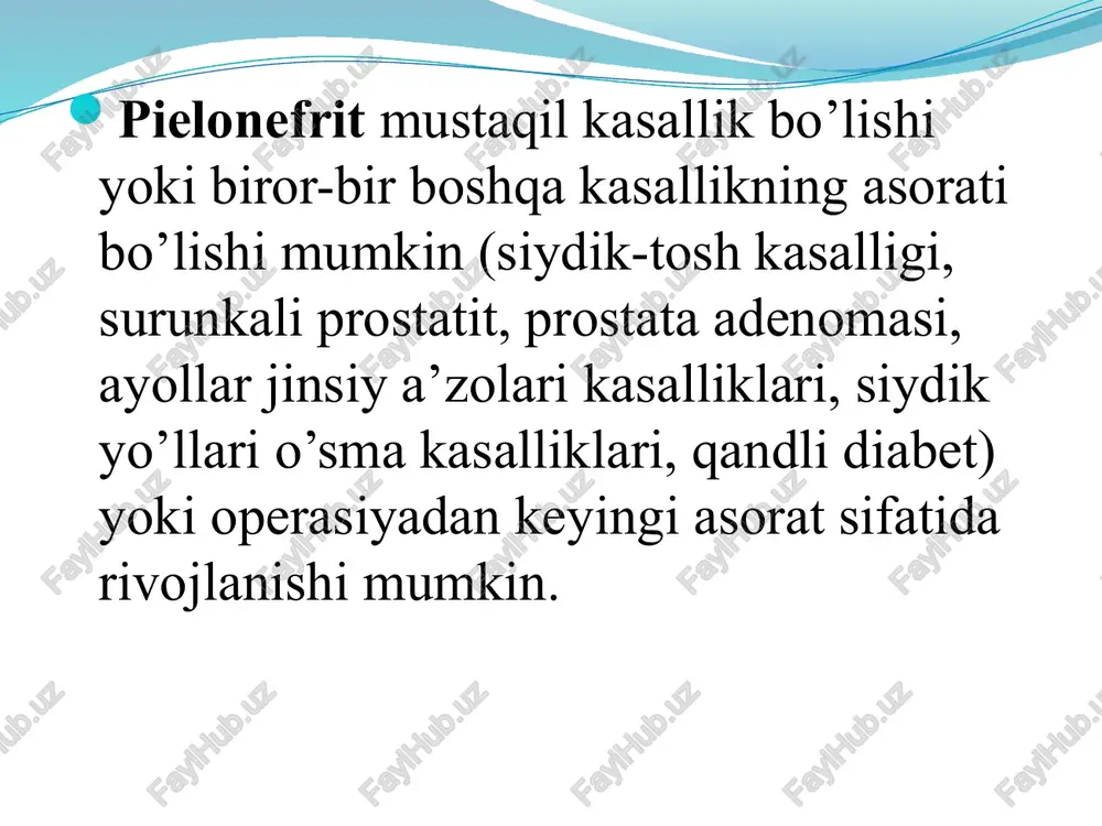 . pileonefritning laborator diagnostikasi surunkali pielonefrit yashirin kechganda yoki remissiya davrida inkor qilish uchun provokasion testlar: prednizolon sinamasi o’tkaziladi. pirogenal provokasion testi leykositlarni yallig’lanish o’chog’idan chiqib, leykosituriya paydo bo’lishiga olib keladi. pielonefritda proteinuriya minimal yoki umuman kuzatilmaydi, ba’zi hollarda 1 g/l dan oshishi mumkin. peshobni bakteriologik tekshirish bunda peshobni o’rta porsiyasi olinadi. 1 ml peshobda bakteriyalar soni 100 mingdan oshsa chin bakteriuriya hisoblanadi. etiologik omilni aniqlash uchun siydik ekiladi va kasallik chaqirgan bakteriyalarni antibiotiklarga sezuvchaligi aniqlanadi. instrumental diagnostika ultratovush rentgenologik ekskretor urografiya - kosachalar gipertoniyasi va giperkineziyasi kechki bosqichlarida gipotoniya bilan almashinadi. ultratovush tekshiruvi (utt). buyrak jomlari kengayganligi, konturlari dag’allashganligi, parenxima notekis chandiqlanish o’choqlari bilan. keyinroq buyrak konturi deformasiyasi, o’lchamlari va parenxima qalinligi kamayishi kuzatiladi. glomerulonefritda chandiqlanish va bujmayish har doim simmetrik bo’ladi, surunkali pielonefritda ikki tomonlama zararlanish bo’lganda ham simmetriklik aniqlanmaydi. rentgenologik tekshiruv rentgenokontrast usul siydik yo’llarini obstruktiv buzilishlarni aniqlaydi. surunkali pielonefrit rentgenologik tekshiruvida buyrak jomlari dag’allashganligi, dilatasiyasi va …