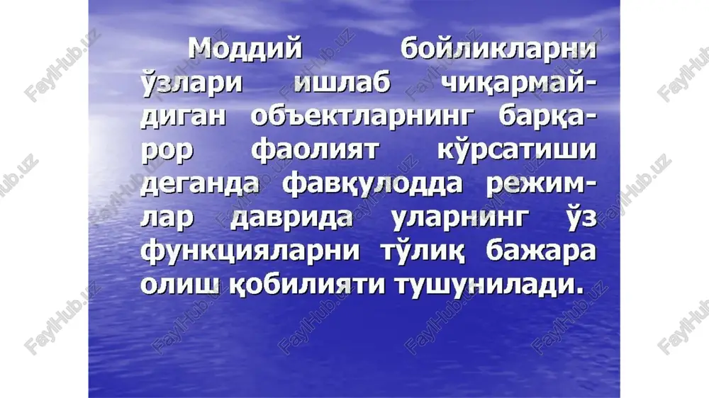 ilish va respublika iqtisodiyot tarmoqlarining barqarorligini oshirish bo'yicha ilmiy tadqiqotlar kompleksi kiradi. texnologik tadbirlarga har bir korxonaning ishlab chiqarish xususiyati va texnologiyasiga muvofiq olib boriladigan tadbirlar kiradi. muxandislik-texnik tadbirlarga katta mablag'lar talab qiladigan tadbirlar majmuasi (inshootlarni qurish, ishlab chiqarishni yangi texnologiyalar bilan jihozlash va boshqa tadbirlar) kiradi. albatta, bu tadbirlar kompleksining asosiy bo'g'inini ilmiy tadqiqot ishlari tashkil etadi. ilmiy tadqiqot ishlarida quyidagilar o'rganiladi:  favqulodda vaziyatning muhandislik-texnik kompleksiga ta'siri;  ishlab chiqaruvchi xodimlarni muhofaza qilish;  ishlab chiqarish, texnologik va laboratoriya uskunalarini muhofaza qilish;  ob'ektni elektr energiyasi, suv, gaz va bug' bilan ta'minlash darajasi;  ishlab chiqarishdagi o'zaro aloqalarni ta'minlash;  xom-ashyo materiallarini, tayyor mahsulotni muhofaza qilish;  shikastlovchi ikkilamchi ta'sirlarga qarshi omillarni o'rganish;  izdan chiqqan ishlab chiqarishni qayta tiklash tadbirlarini tadqiq qilish. o'tkazilgan ilmiy-tadqiqot ishlarining natijalariga qarab xalq xo'jaligi tarmoqlarining barqaror ishlashini oshirishda muayan tadbirlar kompleksi ishlab chiqiladi va amalga oshiriladi. bular quyidagilardan iborat:  ishchi xizmatchilarni …