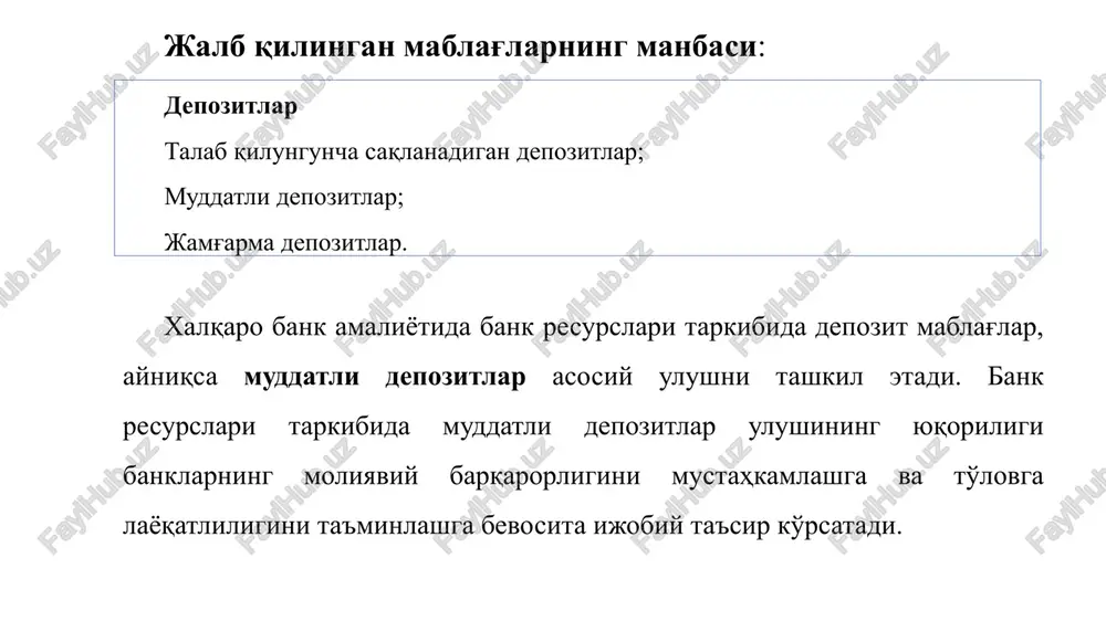 g kapitali tashkil etadi. bank kapitali tarkibida ustav kapitalining tashkil topishi va barqarorligi jihatidan muhim moliyaviy manba bo'lib hisoblanadi. o'z mablag'lari manbasi: umumiy kapital asosiy (birinchi darajali) kapital: ustav kapitali; emission daromad; maxsus zaxiralar; taqsimlanmagan foyda. qo'shimcha (ikkinchi darajali) kapital: joriy yilning sof foydasi; qayta baholash zaxirasi; subordinatsiyalashgan qarz majburiyatlari; sho''ba korxonalarga qilingan quyilmalar. yuqoridan ko'rinib turibdiki, tijorat banklari regulyativ kapitali birinchi va ikkinchi darajali kapitaldan tashkil topadi. iqtisodiy adabiyotlar, me'yoriy hujjatlar va bazel andozalariga ko'ra birinchi darajali kapital asosiy kapital sifatida ham e'tirof etiladi. bankning regulyativ kapitali — bank faoliyatini tartibga solish va prudentsial normativlar hisob-kitobini amalga oshirish maqsadida hisob-kitob qilish yo'li bilan aniqlanadigan bank kapitali; kredit tashkilotlarining prudentsial nazorati – bank nazoratining, tarkibiy qismi bo'lib, u bank tizimi barqarorligini ta'minlash maqsadida ishlab chiqilgan iqtisodiy me'yorlarga banklar qanchalik rioya etayotganini nazorat qiladi. “prudentsial” tushunchasi ehtiyotkor, uzoqni ko'radigan degan ma'nolarni anglatib, “nazorat” so'zi bilan birga qo'llanilganda kredit tashkilotlari faoliyatida yuzaga …