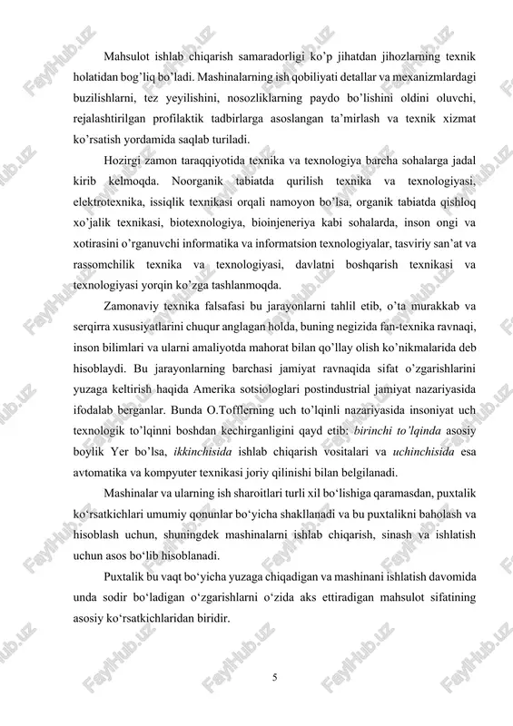 ishlab chiqarish uchun sharoit yaratish bilan uzluksiz bog‘liqdir. shuning uchun ko‘rib chiqiladigan texnikaning yuqori ekspluatatsion puxtaligiga erishish texnikaning yangi istiqbolli namunalarini ishlab chiqishda ham, sanoat korxonalarida texnologik jarayonlarni amalga oshirayotgan mashinalarni takomillashtirishda ham dolzarb bo‘lib hisoblanadi. adabiyotlarda keltirilgan va ishlab chiqarish korxonalaridan olingan ko‘plab ma’lumotlar bo‘yicha mashina va jihozlarning puxtalik darajasi ma’lum darajada ularning texnologik operatsiyalarni amalga oshirishda qo‘llaniladigan bir qator muhim uzel va detallarining yeyilishga chidamlilik ko‘rsatkichlari bilan aniqlanadi. mashina ishchi organlarining muayyan ish sharoitlarida va aynan: yuklanishning dinamik-tezlik tavsifi, harorat ta’sirining xususiyatlari, faol kimyoviy va abraziv muhitning mavjudligida yeyilish xususiyatlarini hisobga oladigan, konstruktor-texnologik va ekspluatatsion tadbirlarni o‘z ichiga oluvchi kompleks yondashuvlardan foydalanish ularning yeyilishga chidamliligini oshirishda eng samarali bo‘lib hisoblanadi. i bob. zamonaviy mashinalar uchun puxtalik muammosining ahamiyati 1.1. mashinalar puxtaligi haqidagi fanning o’rganadigan muammolari texnikaning rivojlanishi murakkab, takomillashgan mashina va jihozlarni yaratish, ularning tavsifnomasiga qo‘yilgan talablarni doimiy oshirib borish, turli xildagi texnik qurilmalarni yagona kompleksga birlashtirish zaruriyatlari …