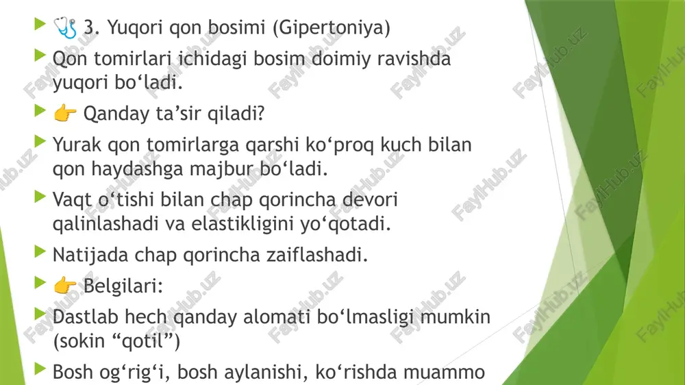 . bu yurakning qisqarish va bo'shashish davrining uzayishini anglatadi. uzaygan qt intervali, asosan, gipoksiya yoki elektrolitlar balansining buzilishi bilan bog'liq bo'lishi mumkin. uzaygan qt intervali yurak ritmi buzilishlariga (masalan, torsades de pointes yoki ventrikulyar aritmiyalar) olib kelishi mumkin. yurak aritmiyalari chap qorincha yetishmovchiligi ko'pincha yurak aritmiyalariga (ritmning buzilishi) olib keladi. ventrikulär aritmiyalar, fibrillyatsiya, yoki ekstrasistoliyalar (qo'shimcha urishlar) yuqori xavf tug'dirishi mumkin. bu holatlar yurakning normal qisqarishining buzilishi va qon aylanishining yanada yomonlashishiga olib keladi. ventrikulyar ekstrasistoliyalar yoki ventrikulyar tahikardiya chap qorincha yetishmovchiligida ko'plab bemorlarda paydo bo'lishi mumkin. 6. p-q intervalining uzayishi chap qorincha yetishmovchiligida p-q intervali (yurakning atriyal qisqarishi va qorincha qisqarishlari o'rtasidagi vaqt intervali) uzayishi mumkin. bu yurakning elektr impulslari tarqalishidagi kechikishlarni bildiradi. p-q intervalining uzayishi ko'pincha atrioventrikulyar blokada bilan bog'liq bo'lishi mumkin. 7. qalqonsimon shakldagi t to'lqini t to'lqini chap qorincha yetishmovchiligida baland va tor shaklda ko'rinishi mumkin, bu kislorod yetishmovchiligi va miokardning shikastlanishiga ishora qiladi. o'zgarishlar ma'nosi …