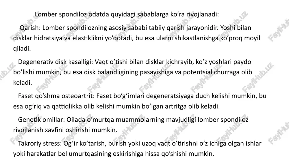 terapevtik mashqlar buyuriladi. keksa odamlarga faset bo'g'inlariga yukni kamaytiradigan maxsus korsetlar kiyish tavsiya etiladi. intervertebral implant o'rnatish uchun operatsiya qilingan odamlar shifoxonada bir necha kun o'tkazadilar. shifokorlar bolaning yoki kattalarning holatini kuzatib boradilar va chalg'ituvchi yoki spacerning implantatsiyasining muvaffaqiyatini baholaydilar (rentgen nurlarini o'tkazish orqali). reabilitatsiya tadbirlari 2-2,5 oy davom etadi. ushbu davrda bemorlarga quyidagilar ko'rsatiladi: dori terapiyasi; fizioterapiya muolajalari; mashqlar bilan davolash kompleksi. operatsiyadan keyingi dastlabki olti oy davomida har oyda kuzatuv tekshiruvlari o'tkaziladi. e’tiboringiz uchun rahmat image1.png image2.png image3.png a : i cronamnoaprpas /docprops/thumbnail.jpeg