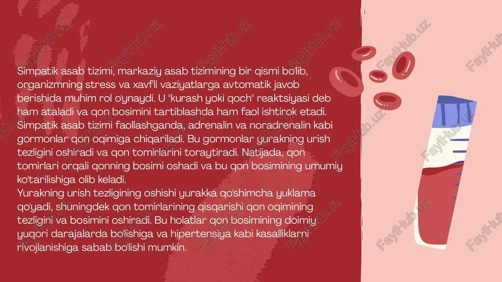 o'p miqdorda alkogol iste'moli qon tomirlarining holatini yomonlashtiradi va qon bosimini oshiradi. turmush tarzi omillari doimiy hipertensiya qon tomirlarining strukturaviy o'zgarishlariga sabab bo'lib, bu o'zgarishlar qon tomirlarining elastikligini yo'qotishiga va ularning qattiqlashishiga olib keladi. bu jarayon "vaskulyar remodelleme" deb ataladi va qon tomirlarining torayishiga, devorlarining qalinlashishiga va umuman ularning ishlash qobiliyatining pasayishiga sabab bo'ladi. doimiy yuqori qon bosimi qon tomirlarining ichki qavatidagi endoteliy hujayralariga zarar yetkazadi. bu zararlanish endoteliyning vazodilatatsiya qiluvchi moddalarni (masalan, nitrik oksid) ishlab chiqarish qobiliyatini pasaytiradi. shuningdek, zararlangan endoteliy yallig'lanish va qon ivish omillarini faollashtirishi mumkin, bu esa tromboz xavfini oshiradi. qon tomirining devorlari qalinlashib, elastik tolalar zararlanishi natijasida, tomirlar o'zlarining elastikligini yo'qotadi va qattiqroq bo'ladi. bu holat arteriyalarning kengayish va torayish qobiliyatiga salbiy ta'sir ko'rsatadi, qon oqimi va uning taqsimlanishini cheklaydi. qon tomiri qattiqlashganda, yurakka qon yetkazib berish qiyinlashadi, bu esa yurakning ko'proq mehnat qilishiga olib keladi va yurak yetishmovchiligi yoki yurak hujumi kabi muammolarni keltirib …