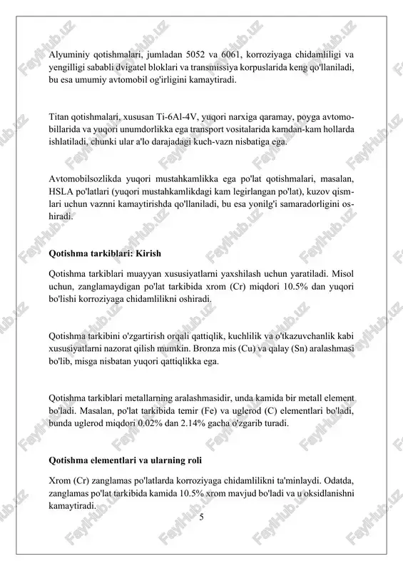 gini oshiradi. mis qotishmalari, masalan, bronza (12% gacha qalay) dengiz suvida yaxshi korroziyaga chidamli, chunki qalay misning elektrokimyoviy potentsialini pasaytiradi. qotishma sinflari va standartlari astm (american society for testing and materials) kabi tashkilotlar qotishma sifatini nazorat qiladi, mexanik xususiyatlar, korroziyaga chidamlilik va issiqlik bilan ishlov berish talablarini belgilaydi. qotishma sinflari tarkibi, 304 zanglamaydigan po'lat kabi, xalqaro standartlar orqali aniqlanadi, bunda kimyoviy elementlar foizlari va ruxsat etilgan o'zgarishlar ko'rsatiladi. qotishma standartlari, masalan, en (yevropa normasi), qotishma sinflarini ishlab chiqarish jarayonlari va ularning muayyan maqsadlar uchun yaroqliligini kafolatlash uchun qo'llaniladigan test usullarini belgilaydi. qotishmalarning qo'llanilishi: aviatsiya titan qotishmalari, xususan ti-6al-4v, yuqori haroratga chidamliligi sababli reaktiv dvigatellarda va turbinalarda ishlatiladi, bu esa optimal ishlashni ta'minlaydi. po'lat qotishmalari, masalan 4340, qo'nish moslamalarida va yuk ko'taruvchi komponentlarda ishlatiladi, chunki ular yuqori mustahkamlik va chidamlilik xususiyatlariga ega. alyuminiy qotishmalari 7075 va 2024 yuqori quvvat/vazn nisbati tufayli samolyot korpuslarida va qanot konstruksiyalarida keng qo'llaniladi, bu ularni ideal …