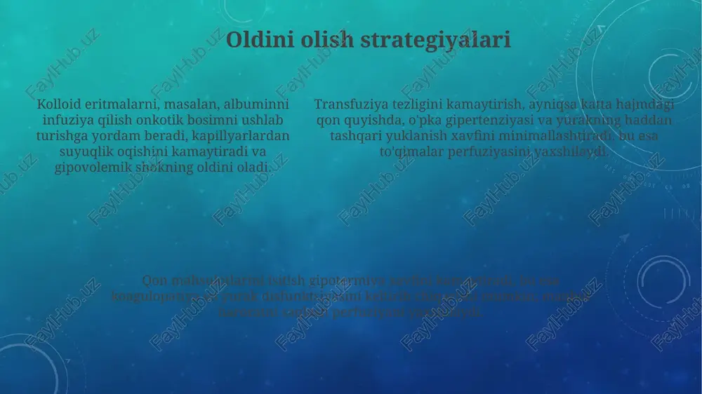 orning hayotini saqlab qolishi mumkin. transfuziyadan keyingi shokni oldini olish uchun qon guruhini aniq moslashtirish kerak. har bir transfuziya oldidan bemorning tarixini va allergiyasini tekshirish shart. transfuziyadan keyingi shokni oldini olish uchun qon guruhini aniq moslashtirish kerak. har bir transfuziya oldidan bemorning tarixini va allergiyasini tekshirish shart. e'tiboringiz uchun rahmat @taqdimot_robot image2.png