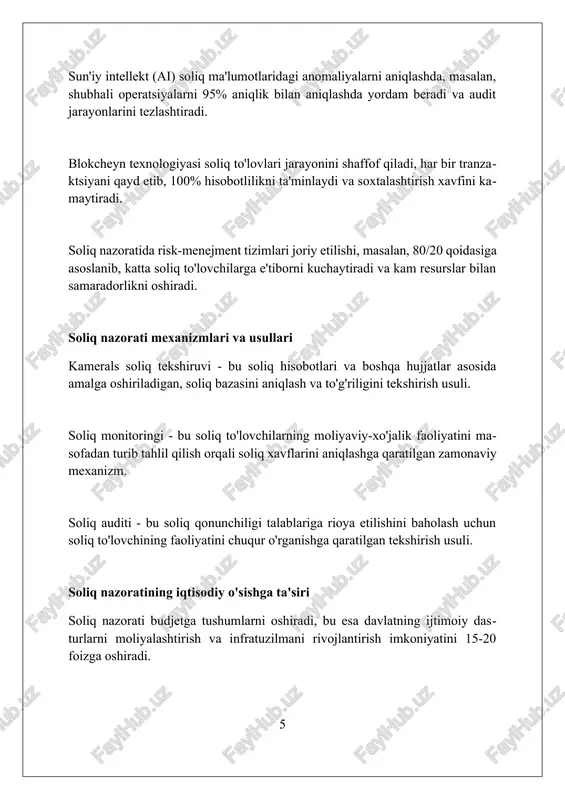 azorati investorlarning soliq risklarini kamaytiradi, bu esa ularning aktivlarini himoya qiladi va 10% rentabellikni ta'minlaydi. soliq nazoratining tadbirkorlikni rivojlantirishdagi o'rni soliq tekshiruvlari tadbirkorlik faoliyatidagi 25% gacha bo'lgan noqonuniy operatsiyalarni aniqlashga yordam beradi va shaffoflikni oshiradi. elektron soliq nazorati tizimlari biznes xarajatlarini 30% gacha kamaytiradi, bu esa resurslardan 20% samaraliroq foydalanishga olib keladi. soliq nazorati tadbirkorlik subyektlarining 10% kamroq soliq to'lashiga imkon beradi, bu esa qo'shimcha investitsiyalarga 15% gacha mablag' ajratishga yordam beradi. soliq nazoratini rivojlantirish istiqbollari soliq nazoratining istiqboli - bu risk-ga asoslangan yondashuvni keng joriy etish, bunda soliq organlari diqqatni yuqori riskli operatsiyalarga qaratadi. soliq nazoratida sun'iy intellekt va katta ma'lumotlar tahlilidan foydalanish soliq to'lashdan bo'yin tovlash holatlarini aniqlash va prognoz qilish imkonini beradi. raqamli texnologiyalarni rivojlantirish soliq nazoratini avtomatlashtirish va transparensiya darajasini oshirish imkoniyatini beradi, masalan e-invoicing tizimi. mamlakat iqtisodiyoti va soliq nazorati o'rtasidagi bog'liqlik soliq nazorati davlat byudjetining 60% dan ortig'ini shakllantiradi, bu esa ijtimoiy dasturlar, ta'lim …