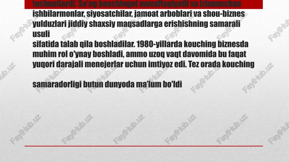 ish kerak bo'lganlar; v] vositachi-ko'makchi (qiyin vaziyatda koucher bo'lishi mumkin d]idea generator o'zgarishlarni amalga oshirish uchun qanday tasavvurga ega bo'lgan kimdir, lekin ularni amalga oshirish uchun homiy kerak. 6) koucher ham homiy, ham ijrochilar bilan ishlashi mumkin xodimlar qarshilik ko'rsatgan taqdirda koucher harakat rejasini tuzadi. tizim gomeostazga intiladi-shuning uchun o'zgarishlarga yangiliklarga qarshilik mavjud. zarur: a] mijozni o'z tashabbusini bostira oladigan qarshiliklarni, shu jumladan o'zining, ichki; b) mijozga yordam bering, u qulfni buzganini tasawur qiling v) uning kursiga amal qilish uchun nima qilishini so'rang birinchi qadamni tanlang — menejer darhol amalga oshirishni boshlaydigan harakat; backstage kouching va uni olib borish kouching o'rtasida tanlov taklif shakllanad.. faoliyat davomida yoki sahna ortida kouching qilish.ushbu bosqichda kouching mijoz bilan birgalikda tanlangan rejimda amalga oshiriladi: 1) backstage kouching-haftada bir marta uchrashuvlar birinchi qadam amalga oshirishda mijozning yutuqlarini muhokama qilish; 2) faoliyat jarayonida kouching qilishkoucherning mijoz harakatlarini amalga oshirishdagi ishtiroki o'zgarishi kouching turlari -karyera kouchingi -biznes-kouching …