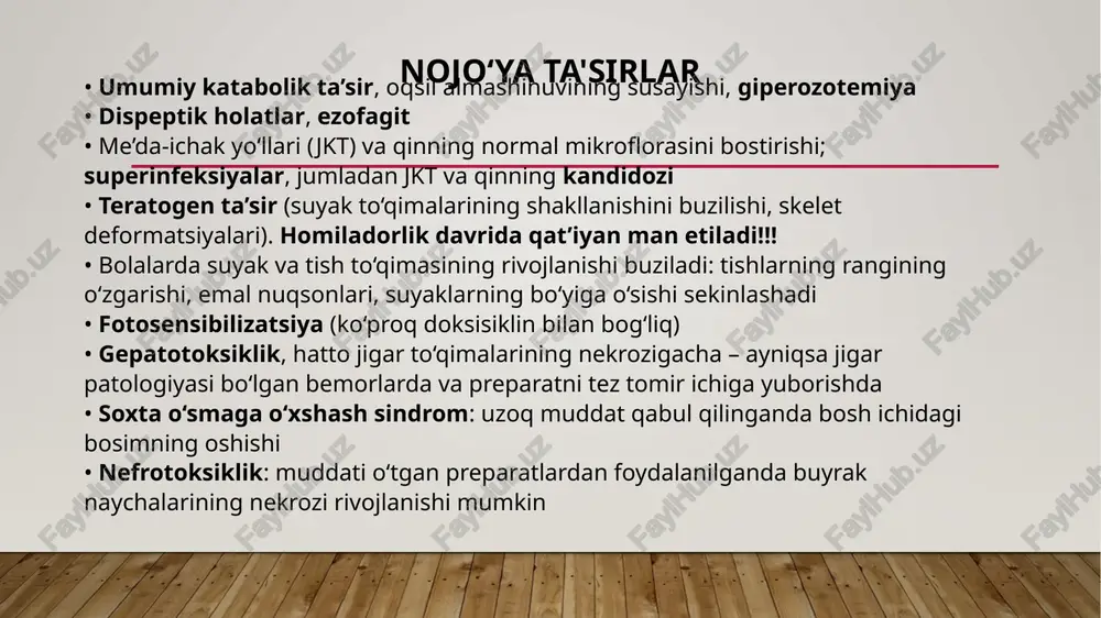 llanadi • zoonoz infeksiyalar: brutsellez (streptomitsin); vabo, tulyaremiya (streptomitsin, gentamitsin) • yo‘g‘on ichakda rejalashtirilgan operatsiyalar oldidan jitni sterilizatsiya qilish • mahalliy qo‘llanilishi: malhamlar, ko‘z va quloq tomchilari (shu jumladan kombinasiyalangan) – dermatologiya, oftalmologiya, otorinolaringologiyada nojo‘ya ta'sirlar • yuqori ototoksiklik (vestibulotoksiklik, koxleatoksiklik) • yuqori nefrotoksiklik ushbu toksik ta’sirlar aminoglikozidlar boshqa nefrotoksik va ototoksik dorilar (polimiksin b, amfoteritsin b, furosemid va boshqalar) bilan birga qo‘llanganda kuchayadi • asab-mushak blokadasi – (nafas mushaklari falajigacha olib keluvchi xavf ortadi), ayniqsa quyidagilar bilan birga qo‘llanganda: – ingalatsion narkoz – miorelaksantlar – opioid analgetiklar – magniy sulfat – tsitratli qon quyish polimiksinlar polimiksin b, polimiksin e (kolistin), polimiksin m polimiksinlar tuzilishi bo‘yicha tsiklik polipeptidlardir umumiy xususiyatlari: • ta’sir xarakteri – bakteritsid • ta’sir mexanizmi – sitoplazmatik membrananing o‘tkazuvchanligini buzish • faollik doirasi tor: gr (–) flora • gr (–) bakteriyalar endotoksinlarini neytrallaydi • yuqori toksiklikka ega (nefro- va neyrotoksiklik) • jitda so‘rilmaydi, geb orqali deyarli o‘tmaydi …