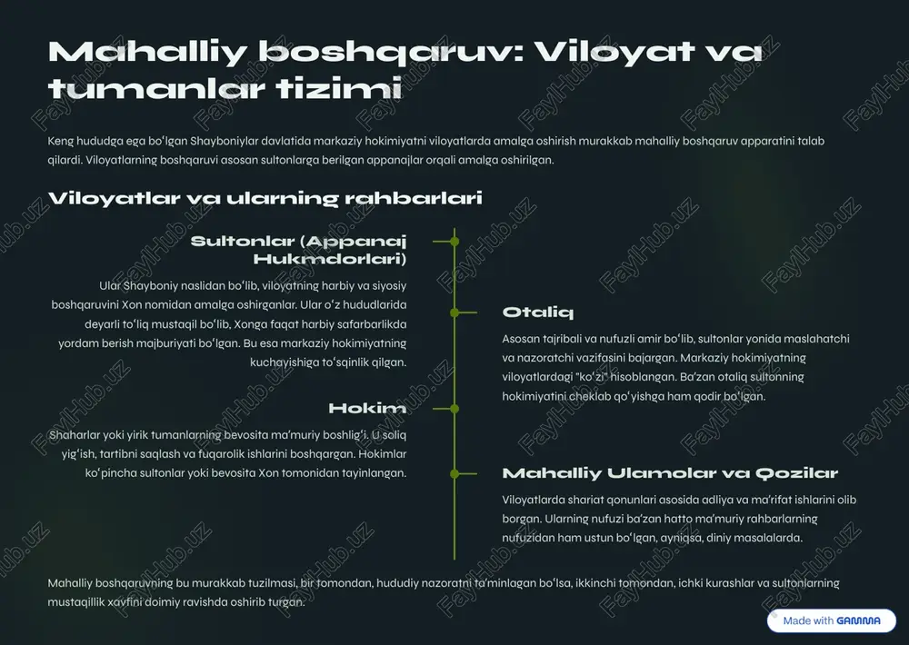 chiqargan. adliya tizimi qozi kalon tomonidan nazorat qilingan bo»lib, u buxoroda joylashgan va butun xonlik bo»ylab qozilar faoliyatini muvofiqlashtirgan. shuningdek, diniy masalalarda shayx ul-islom ham muhim nufuzga ega bo»lgan. qonunchilikning ijtimoiy maqsadi shayboniylar o»troq dehqonchilikni rag»batlantirish, shaharlarning iqtisodiy faoliyatini tiklash va savdo yo»llarida tartib o»rnatishga qaratilgan qonunlarni faol joriy etishgan. bu, temuriylar parchalanganidan keyin tanazzulga yuz tutgan mintaqani tiklashga xizmat qilgan. https://gamma.app/?utm_source=made-with-gamma harbiy boshqaruv va qo'shin tuzilishi shayboniylar davlati harbiy kuchga asoslangan edi. ularning muvaffaqiyati ko»chmanchi o»zbek qabilalarining yuksak jangovar tayyorgarligi va xonning strategik iste¾dodi bilan bog»liq edi. harbiy boshqaruv davlat boshqaruvining eng ustuvor yo»nalishi hisoblangan. ko'chmanchi o'zbek qabilalari asosiy jangovar kuch sultonlar va amir-ul- umaro qo'shinlarni boshqaruvchi yetakchilar xon (oliy qo'mondon) davlat va strategiya boshqaruvi qo'shinning asosiy qismlari ko»chmanchi o»zbeklar otliqlari qo»shinning asosini tashkil etgan, eng tezkor va jangovar qism. ular doimiy tayyorgarlikda bo»lib, asosan yengil qurollangan otliq askarlar edi. doimiy qorovul (hashar) xonning shaxsiy qo»riqchilari va poytaxtda joylashgan …