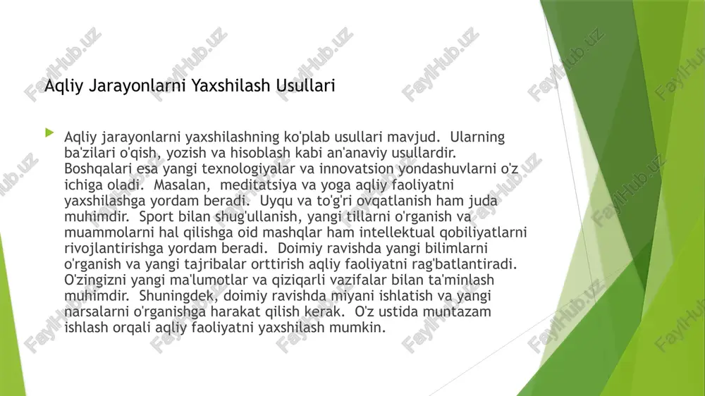 e'tiborni jamlash qobiliyatini rivojlantiradi. o'z ustida ishlash va doimiy ravishda konsentratsiya qilishga harakat qilish konsentratsiyani yaxshilashning kalitidir. konsentratsiya qobiliyatini oshirish bilan samaradorlik ham ortadi. e'tiborni jamlash va konsentratsiyani oshirish fikrlashning turli xil turlari mavjud. mantiqiy fikrlash, ijodiy fikrlash, tanqidiy fikrlash va boshqalar fikrlashning asosiy turlaridan hisoblanadi. mantiqiy fikrlash mantiq qonunlariga asoslangan fikrlashdir. ijodiy fikrlash yangi g'oyalarni yaratish qobiliyatidir. tanqidiy fikrlash ma'lumotlarni tahlil qilish va baholash qobiliyatidir. har bir fikrlash turini rivojlantirish uchun mashqlar va amaliyot zarur. muammolarni hal qilish, o'yinlar o'ynash, kitob o'qish va boshqa ko'plab faoliyatlar fikrlash qobiliyatlarini rivojlantiradi. fikrlash qobiliyatlarini rivojlantirish insonning intellektual rivojlanishiga va muvaffaqiyatiga ijobiy ta'sir ko'rsatadi. turli xil fikrlash turlaridan foydalanish har qanday vaziyatda muvaffaqiyatga erishishga yordam beradi. o'z ustida doimiy ishlash fikrlash qobiliyatlarini takomillashtirishga yordam beradi. fikrlashning turli xil turlari va ularning rivojlanishi aqliy charchoq miyaning haddan tashqari yuklanishi natijasida paydo bo'ladi. uning belgilari diqqatning pasayishi, xotiraning susayishi va bosh og'rig'i bo'lishi mumkin. aqliy …