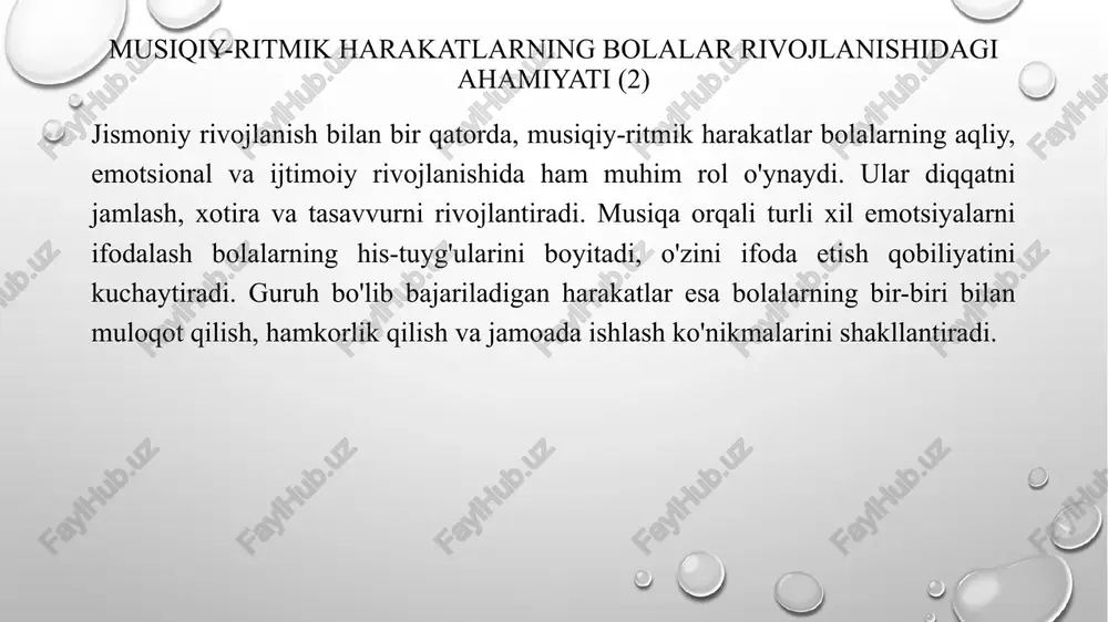 mashg'ulotlar. bu mashg'ulotlarda bolalar musiqaning mazmunini, undagi obrazlarni (qushlar uchishi, qo'yon sakrashi, qor parchalari aylanishi) harakatlar orqali ifodalaydilar. pedagog musiqiy asarning xarakteri haqida gapirib berishi yoki kichik ertak aytib, bolalarni shu ertak qahramonlarining harakatlarini musiqa ostida tasvirlashga undashi mumkin. bu mashg'ulotlar bolalarning tasavvurini va ijodkorligini kuchaytiradi. musiqiy-ritmik mashg'ulot turlari (4) o'yinli musiqiy-ritmik mashg'ulotlar. "musiqiy haykalcha", "tempi o'zgartiramiz", "musiqani top" kabi o'yinlar orqali bolalar musiqa elementlarini (temp, dinamika) ajratishni va ularga mos harakat qilishni o'rganadilar. o'yin formati mashg'ulotni qiziqarli qiladi va bolalarning faol ishtirokini ta'minlaydi. ijodiy harakat topshiriqlari bolalarga musiqani mustaqil tushunish va o'z hissiyotlarini harakat orqali ifodalash imkonini beradi. musiqiy-ritmik harakatlarga o'rgatishda pedagogning o'rni musiqiy-ritmik harakatlarga o'rgatish jarayonida pedagogning roli nihoyatda muhimdir. pedagog mashg'ulotlarni to'g'ri rejalashtirishi, bolalarning yosh xususiyatlarini hisobga olishi, qulay va rag'batlantiruvchi muhit yaratishi kerak. u harakatlarni aniq va ifodali ko'rsatib berishi, bolalarni tinglashni, ularning harakatlarini kuzatishni va kerak bo'lganda yordam berishni bilishi lozim. pedagog bolalarning ijodiy tashabbuslarini …