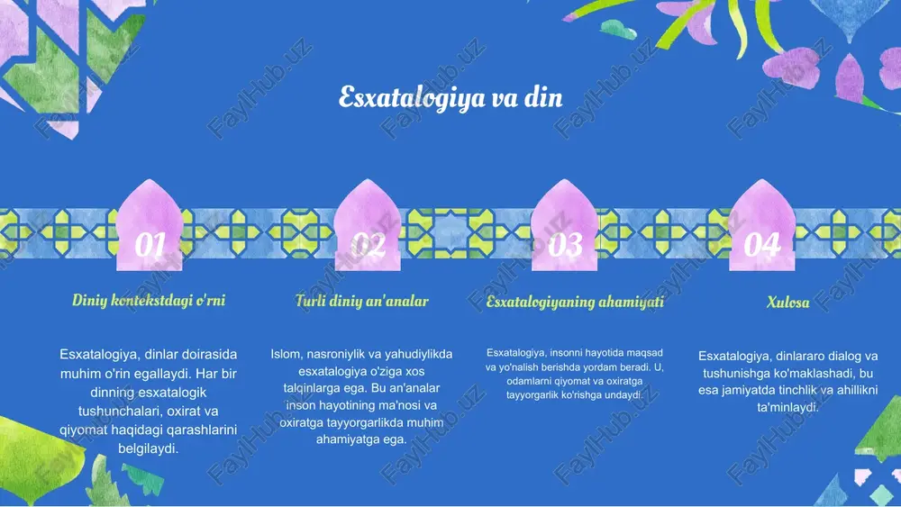 i. - hadislarda qiyomat belgilarining kelishi va ularning oqibatlari haqida ma'lumotlar berilgan. - insonlar qiyomatda o'z amallari uchun javob berishlariga ishonch hosil qilishlari kerak. hadislarda hikoyalar - rasulullohning qiyomat va oxirat haqidagi hikoyalari, bu voqealarni yodda saqlashimiz uchun muhimdir. - qiyomat va oxiratni eslatib turuvchi hikmatli misollar, insonlarni yaxshi amallar qilishga undaydi. qiyomat va oxiratning ahamiyati - qiyomat va oxirat tushunchalari insonlar uchun axloqiy va ruhiy jihatdan muhimdir. - ularning haqiqatini tan olish, hayotimizni yaxshilashga yordam beradi. qiyomat va oxirat: ijtimoiy va axloqiy o'rin qiyomat va oxirat tushunchalari insoniyat tarixida muhim ijtimoiy ahamiyatga ega. ular odamlarni axloqiy hayotga, to'g'ri va halol yashashga undaydi. qiyomat va oxiratga bo'lgan ishonch, jamiyatda bir-biriga yordam berish, adolatni ta'minlash va to'g'rilikni saqlash kabi ijtimoiy qadriyatlarni mustahkamlashga xizmat qiladi. bu tushunchalar, shuningdek, odamlarning ma'naviy rivojlanishiga va hayot maqsadlarini aniqlashga yordam beradi. - qiyomat va oxirat ijtimoiy tartibni saqlashda muhim rol o'ynaydi. - ular axloqiy qadriyatlarni rivojlantirishga …