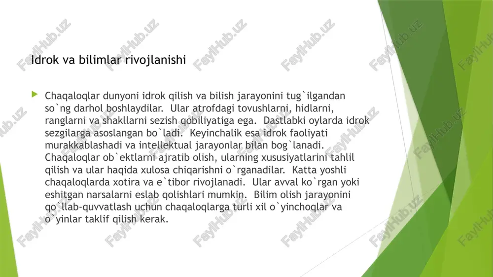ning yonida o`tkir buyumlar bo`lmasligiga e`tibor berish kerak. kasalliklardan himoya qilish uchun chaqaloqlarni vaqtida emlash kerak. chaqaloqlarning jismoniy va ruhiy salomatligiga e`tibor berish ularning sog`lom rivojlanishi uchun juda muhimdir. ota-onalar chaqaloqlarning rivojlanishini muntazam kuzatib borishlari va kerakli yordamni o`z vaqtida ko`rsatishlari kerak. xavfsizlik masalalari chaqaloqning hayoti va sog`lig`i uchun juda muhimdir. xavfsizlik va himoya chaqaloq davri psixologiyasi inson hayotining eng muhim davri hisoblanadi. bu davrda shaxsning asosiy psixologik xususiyatlari va xulq-atvori shakllanadi. chaqaloq davrida olingan tajribalar keyingi hayotda o`z ta`sirini ko`rsatadi. shuning uchun chaqaloq davrida bolalarga to`g`ri tarbiya berish va ularga qulay muhit yaratish juda muhimdir. chaqaloq davrida yuzaga kelgan psixologik muammolar keyinchalik jiddiy oqibatlarga olib kelishi mumkin. shuning uchun ota-onalar chaqaloqlarning rivojlanishini kuzatib borishlari va muammolar yuzaga kelganda mutaxassislarga murojaat qilishlari kerak. chaqaloq davri psixologiyasi haqida bilim ota-onalarga chaqaloqlar bilan to`g`ri muloqot qilish va ularga to`g`ri tarbiya berishda yordam beradi. chaqaloq davri psixologiyasining ahamiyati 1. o`zbekiston respublikasi sog`liqni saqlash …