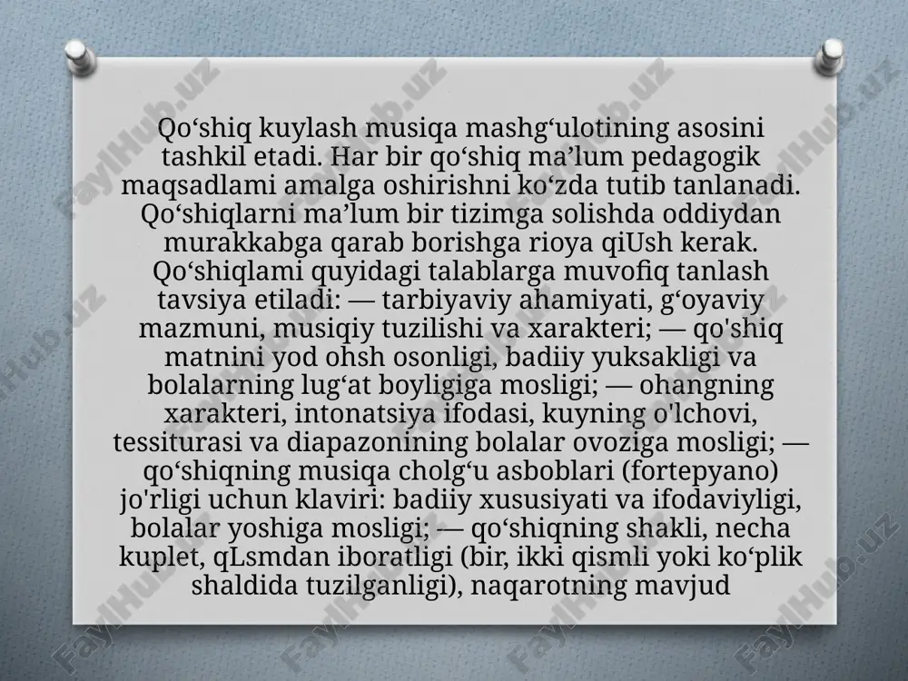 irlash muhim ahamiyat kasb etadi. ritmik harakatlar musiqiy qobiliyatni shakllantirish va rivojlantirishda juda muhimdir. musiqiy-ritmik harakatlar bolalar ruhiyatiga musiqiy asaming mazmuni va kayfiyatini singdiradi, bu bolalarning jismoniy sog‘lom bo‘lishlariga ham ijobiy ta’sir ko‘rsatadi; 7 — musiqa tingiash — har bir bolaning musiqa tingiash madaniyatining shakllanishi va rivojlanishida muhim ahamiyat kasb etadi. bola, awalo, musiqani idrok etib, so‘ngra unga mos harakatlami bajaradi; — musiqa savodi. musiqa mashg'ulotlarida bolalar qo'shiq kuylash, musiqa tingiash bilan birga qo'shiqlar, musiqiy asarlarning tuzilishi, tempi, xarakteri, ladi, kuyi, ritmi, tovush balandligini ham ongli ravishda anglashlari lozim. bu ulaming aqliy salohiyati, musiqiy uquvi, xotirasi, nutqi, ongi va bilimini oshiradi; — qo'shiq kuylash. qo‘shiq kuylash jarayonida bolalaming nutqi, musiqiy uquvi, musiqiy qobiliyati, xotirasi rivojlanadi. jamoa bo‘lib qo'shiq kuylash bolalami do‘stlikka chorlaydi, ulaming o‘zaro hurmat, tabiatga va ona-vatanga muhabbat kabi tuyg‘ularini tarbiyalaydi; — bolalar musiqiy cholg‘u asboblarida jo‘r bo‘msh - musiqa mashg'ulotlarida eng qiziqarli, barcha bolalar sevib qatnashadigan faoliyat turidir. …