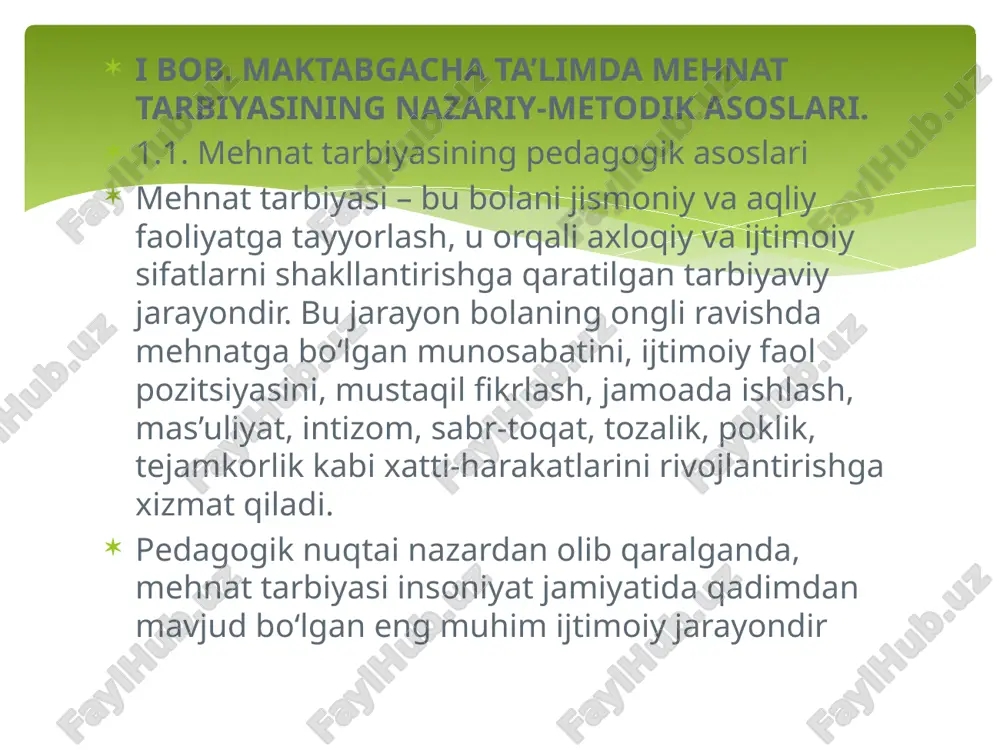 inson etib tarbiyalashning muhim vositasidir. tabiat bilan bevosita aloqada bo‘lgan holda bajariladigan mehnat faoliyatlari bolalarda jismoniy chiniqish, aqliy tafakkur, axloqiy yetuklik, estetik did, ekologik madaniyat, mustaqillik, mas’uliyat kabi muhim shaxsiy fazilatlarni shakllantiradi. kurs ishida mehnat tarbiyasining pedagogik asoslari, mehnat faoliyatining bolaning rivojlanishidagi o‘rni, xorijiy va milliy tajribalar asosida tabiatda mehnatga o‘rgatishning ilg‘or shakllari tahlil qilindi foydalanilgan adabiyotlar o‘zbekiston respublikasining “ta’lim to‘g‘risida”gi qonuni. – toshkent, 2020. o‘zbekiston respublikasi vazirlar mahkamasi qarori. “ilk va maktabgacha yoshdagi bolalar rivojlanishiga qo‘yiladigan davlat talablari”. – toshkent, 2021. vygotskiy l.s. pedagogik psixologiya. – moskva, 2005. sukhomlinskiy v.a. yurakka yo‘l topish. – toshkent, “o‘qituvchi”, 1995. mahkamova m., qurbonova s. maktabgacha ta’limda mehnat tarbiyasi. – toshkent, 2020. mavlonova r., niyozova z. maktabgacha ta’lim metodikasi. – toshkent, 2021. tadjiboyeva d.s. bolalarni tabiat bilan tanishtirishda o‘yin metodlari. – samarqand, 2018. “maktabgacha ta’lim muassasalarida tabiat burchaklari” – respublika ilmiy-uslubiy to‘plami. – toshkent, 2022. international journal of early childhood education. – vol. …