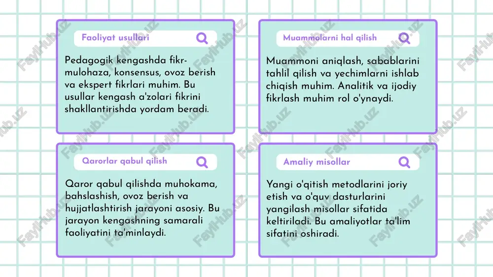 iradi. bu yangi shakllar muvofiqlashtiruvchi funksiyalarni ham bajara oladi. ta'lim jarayoniga ta'siri kengash shakllarining kelajagida muhim. ular o'quvchilarning kreativligini rivojlantiradi, muammolarni hal etishga yordam beradi va pedagoglar hamda o'quvchilar o'rtasidagi hamkorlikni kuchaytiradi. pedagogik kengash shakllarini rejalashtirish rejalashtirish jarayoni va bosqichlari pedagogik kengash shakllarini rejalashtirish jarayoni kengashlarning samarali faoliyatini ta'minlash uchun muhim bosqichlardan iborat. rejalashtirishning asosiy bosqichlari: ehtiyojlarni tahlil qilish, shakl va usulni tanlash, resurslarni taqsimlash va monitoring qilish. omillar va tanlov mezonlari kengash shaklini tanlashda e'tiborga olinadigan omillar: ta'lim muassasasi ehtiyojlari, pedagoglar va o'quvchilarning xususiyatlari, resurslar va maqsadlar. tanlov mezonlari: moslik, samaradorlik, innovatsion yondashuvlar va amaliyotga tatbiq qilish imkoniyati. amalga oshirish bosqichlari amalga oshirish jarayonining muhim jihatlari amalga oshirish bosqichlari aniqlik va tartibda bajarilishi muhim. bu bosqichlar loyihaning muvaffaqiyatli yakunlanishini ta'minlaydi. har bir bosqichda resurslar, vaqt va inson resurslari samarali boshqarilishi kerak, shuningdek, nazorat va baholash jarayonlari amalga oshiriladi. kengash shakllarini amalga oshirishda zaruriy resurslar resurslar orasida moliyaviy mablag'lar, inson …