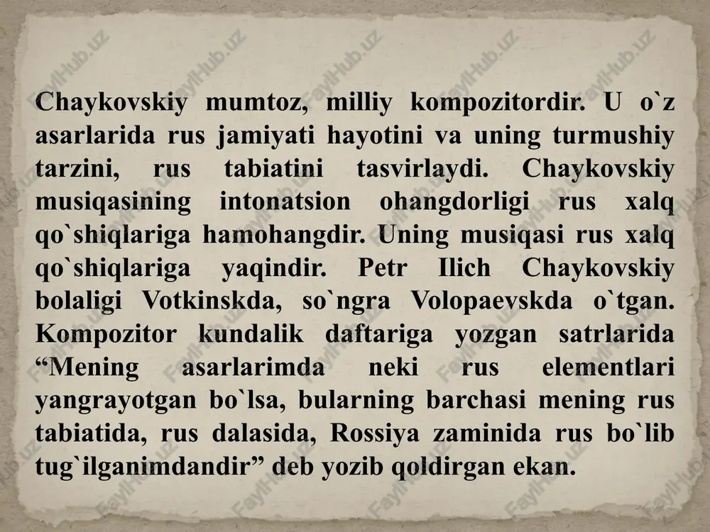 asidayoq simfonik tsiklning yangi risolasi, cholg`ulashtirishning yangi usullari va garmonik rejaning dadilligini ko`rishimiz mumkin. u o`ziga xos melodik uslubni yaratgan . kompozitor o`zining dramatik tabiatidan kelib chiqib, dasturli asarga mos adabiy syujetni tanlar edi. chaykovskiy, jahon simfonizmining rivojlanish tarixiga liriko-dramatik, lirik-fojeali simfoniyalar yaratuvchisi sifatida kirib kelgan. “xix asrning rus musiqasida, simfoniyani “hissiyotli, falsafiy tovushlar” darajasiga olib chiqish, faqatgina chaykovskiyga qo`l keldi”, deb ifodalaydi b.v. asafev. uning asarlarida, simfonik uslubning harakat va dinamika vositalari yordami, simfonizmning lirik tabiati, psixologizm, obrazlar konkretlik janriga bo`lgan tayanch ifoda topar edi. chaykovskiy, qalbida to`plangan barcha dard alamlarni qanday his etsa, simfoniyani ham shunday his etar, simfoniyaning yaratilishi esa chaykovskiy uchun “xaqiqiy lirik” jarayon edi. chaykovskiy, o`z simfoniyalarida avvalambor insonning ruhiy, hissiy hayotini aks ettirishga harakat qilar edi. chaykovskiy simfoniya musiqasidagi asosiy xususiyat, uning opera janri bilan o`zaro aloqadorligidir. o`zining “oltinchi” simfoniyasi orqali, chaykovskiy simfonist-rassomchi sifatida, xix asr simfonizmiga yakun yasagan holda, mumtoz, klassik va romantik …