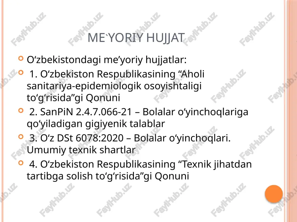 lar 🏛️ 1. davlat sanitariya nazorati va laboratoriya sinovlari • sanitariya nazoratining asosiy huquqiy manbasi – 1992-yil 3-iyuldagi “davlat sanitariya nazorati to‘g‘risida”gi qonun. bu qonunga muvofiq, sanitariya-epidemiologiya xizmatlari ishlab chiqarish, saqlash, savdo maydonlarida nazoratni amalga oshiradi. 📑 2. sertifikatlashtirish va muvofiqlik • “mahsulotlar va xizmatlarni sertifikatlashtirish to‘g‘risida”gi qonun (2021-yil) – sertifikatlashtirishni boshqaruvchi rasmiy hujjatdir. ushbu qonunga muvofiq: • muvofiqlik sertifikatini o‘zstandart agentligi yoki akkreditatsiyalangan organlar beradi . • majburiy va ixtiyoriy sertifikatlashtirish turlari mavjud; oʻyinchoqlar odatda “majburiy” turga kiradi . • sertifikatlash uchun namunalar akkreditatsion laboratoriyalarda sinovdan o‘tadi, natijalar bayonnoma bilan rasmiylashtiriladi va sertifikatlangan mahsulotlarda muvofiqlik belgisi (“o‘zstandart”) mavjud bo‘ladi. 🏷️ 3. o‘yinchoqlarni belgilash (yorliqlash) • sertifikatlangan oʻyinchoqlarda bo‘lishi lozim bo‘lgan ma’lumotlar: • ishlab chiqaruvchi yoki importyor ismi va manzili, aloqa ma’lumotlari; • ishlab chiqarilgan sana, model va partiya raqami; • yoshi va xavfsizlik ogohlantirishlari (masalan: “3+ yosh”, choking risk) . xulosa bolalar oʻyinchogʻiga qo‘yiladigan sanitariya-gigiyena talablari, avvalo, bolalarning sogʻligʻini …