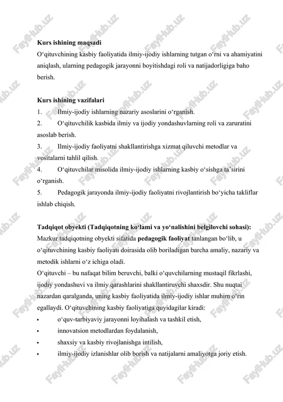 qo‘llab-quvvatlash choralarini ko‘radi.” ushbu modda o‘qituvchining ilmiy-ijodiy faoliyati davlat tomonidan qo‘llab-quvvatlanishini konstitutsiyaviy darajada kafolatlaydi. 2. prezident shavkat mirziyoyevning qaror va farmonlaridan: 2022–2026 yillarga mo‘ljallangan yangi o‘zbekistonning taraqqiyot strategiyasi to‘g‘risida”gi pf-60-sonli farmon (2022-yil 28-yanvar): “ta’limda ilmiy izlanishlar va innovatsiyalarni qo‘llab-quvvatlash orqali ijodkor pedagoglar faoliyatiga keng imkoniyatlar yaratish – davlat siyosatining ustuvor yo‘nalishlaridan biridir.” bu farmon asosida o‘qituvchilarning ilmiy salohiyatini rivojlantirish, ularni tadqiqot va innovatsion faoliyatga jalb qilish strategik maqsad sifatida belgilangan. “o‘zbekiston respublikasi xalq ta’limi tizimini 2030-yilgacha rivojlantirish konsepsiyasini tasdiqlash to‘g‘risida”gi prezident qarori pq–4884 (2019-yil 29-oktabr): “har bir o‘qituvchi o‘z ustida izchil ishlashi, zamonaviy bilimlar va texnologiyalar asosida ilmiy-ijodiy faoliyat yuritishi uchun rag‘batlantiriladi.” bu qaror ilmiy-ijodiy ishlarni o‘qituvchi faoliyatining tarkibiy qismi sifatida e’tirof etadi. 3. prezident shavkat mirziyoyev asarlaridan iqtiboslar: 📘 shavkat mirziyoyev. “yangi o‘zbekiston – maktab ostonasidan boshlanadi” (2021-yil): “maktab – jamiyat yuragi, o‘qituvchi esa uning eng muhim negizidir. o‘qituvchining intellektual va ijodiy salohiyati qanchalik yuksak bo‘lsa, mamlakat taraqqiyoti ham …