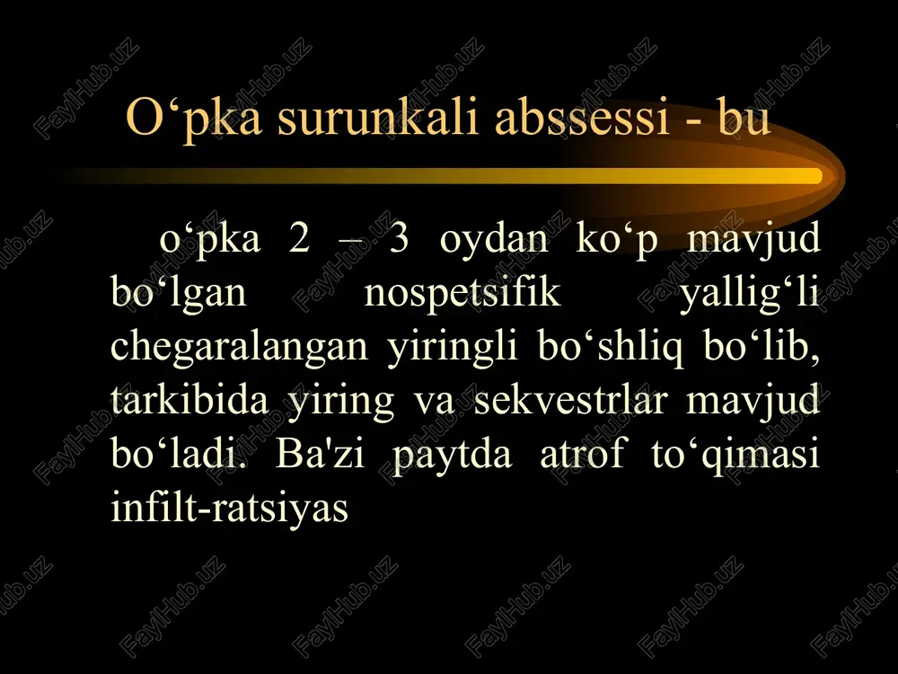 iqlashga yordam beradi. kengaygan bronxlarni ayrim xollarda ko‘rishga imkon beradi (sul belgisi): oqimtir xavo pufakchalari yiring bilan to‘lgan bronx atroflarida (kupincha bazal segmentlarda). bronxlardagi maxsulotni sitologik, bakteriologik, mikologik tekshiruvga olishga yordam beradi. endofoto. sul belgisi. kompyuter tomografiya bronxografida aniqlanmagan bronxoektazlarni aniqlashga yordam beradigan usul. bronxoektatik jarayon ko‘pincha pastki bo‘laklarda. rentgen kompyuter tomografiya bilateral qopsimon bronxoektazlar. tashqi nafas faoliyatini aniqlash kamaygan ko‘rsatkichlar mvl, jel, fjel, bular obstruktiv bronxit va o‘pka emfizemasi rivojlanganligi to‘g‘risida ma'lumotdir. differentsial diagnostika surunkali bronxit o‘pka abssessi o‘pka sili o‘pka saratoni o‘pkalar surunkali obstruktiv kasalligi (agar bronxlar jiddiy deformatsiya bo‘lsa) kechishi va asoratlar baxor va kuzda avj olish davrlari remissiya davri bilan almashib kechadi. asortalar: o‘pkadan qon ketish; o‘pka abssessi va plevra empiemasi; amiloidoz xisobiga buyraklar va jigar zararlanishi. yurak va nafas yetishmovchilik. bular surunkali obstruktiv bronxit va o‘pka emfizemasi rivojlanishi bilan bog‘liq. klinik tashxisni ko‘rinishi kasalikni ko‘rsatishdan tashqari yana ko‘rsatlishi shart: jarayonni joylashuvi jarayonni davri fazasini (avj …