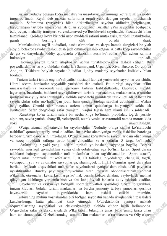 noslik ishlarining asosiy ob'yekti ishlab chiqarish vositalari, hozirgi zamon ishlab chiqarish texnikalari, tog‘, o‘rmonlar, turli yodgorliklar va boshqalar hisoblanadi. o‘z o‘lkasini o‘rganish birinchi vazifa qilib qo‘yildi. bu ko‘pincha uzoq davom etadigan sayohatlarda amalga oshiriladi, yoki joyning o‘ziga bir necha bor sayohatlar tashkil qilashga to‘g‘ri keladi. sayohatchilarning o‘lkashunoslik ishlari muhim ahamiyatga egadir. biron tuman yoki joyni kompleks ravishda yozish, geografik tabiiy tuzilishlarni chizish, tabiatni, hayvonot va o‘simlik dunyosini aks ettirish, mustaqil ilmiy ishlar olib borishni taqozo etadi. tabiiy va iqtisodiy geografiya, paleontologiya, o‘lka tarixi va boshqa o‘lkashunoslik materiallarini ilk o‘rganish natijalari ko‘p hollarda ular ilmiy tadqiqot institutlarining muhim ob'yektiga aylanishiga sababchi bo‘ladi. safar yo‘nalishini tanlash o‘quvchilarning kelajakda yana sayohat qilish havasini orttiradi. shu sababdan sayohatga tayyorlanishda o‘sha joyning butun tarixi va hozirgi sharoitni avvaldan chuqur va izchil o‘rganish lozim. adabiyotlar, ilmiy maqolalar orqali o‘sha joydagi muzey, tarixiy yodgorliklar va muhim ahamiyatga ega bo‘lgan ishlab chiqarish korxonalari madaniyat o‘choqlari va diqqatga sazovor …