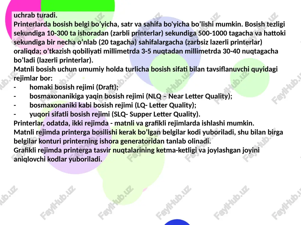 l qilinadi. bosish sifati juda ajoyibdir – to’liq rangli plakat deyarli bosmaxonanikidan farq qilmaydi. purkagichli printerlarning asosiy avfzalliklari: • yuqori bosish sifati, katta miqdorli soploli printerlar uchun lazerli printer bosish sifati bilan taqqoslasa bo’ladi; • xomaki bosish rejimida yuqori tezlik; • oddiy, albatta, yaxshi zichlikdagi qog’ozni ishlatish (60 dan 135 g/m2 gacha), siyoh yoyilib ketmasligi uchun; • shovqinsiz ishlashi. purkagichli printerlarning asosiy kamchiliklari: • soplo ichida siyohning qurib qolish havfi, bu ba`zida bosuvchi kallakni almashtirish zarurligiga olib keladi; • sarflanadigan materiallarning nisbatan yuqori narxdaligi, xususan, siyoh uchun ballonchaning, ayniqsa agar u bosuvchi kallak bilan birlashtirilgan va birgalikda almashtirilsa (bunday tuzilish keng tarqalgan). lazerli printerlar bunday printerlar matnlarni bosmaxona sifati darajasiga yaqin darajada chop etishni ta`minlaydi.u ishlash nuqta`i nazaridan nusxa ko`chiruvchi kserosga ega.bunda faqat bosuvchi baraban computer buyrug`i yordamida elektrlanadi.bo`yoq donalari zarblanib barabanga yopishadi va tasvir hosil bo`ladi.tezligi bir bet uchun 3 dan 15 sekundgacha.rasm uchun ko`proq vaqt talab qiladi.hozirgi kunda …