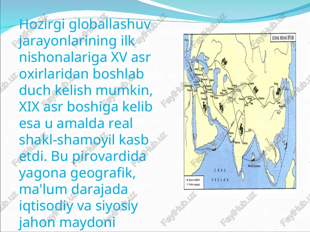 nga «globallashuv jarayonida butun yer shari kichik bir qishloqqa aylanib qoladi»,— deya ta’rif berilsa, yana birida «globallashuyv axboriy jamiyat sharoitida amalga oshadi, uning ko ‘rinishlaridan biri sifatida axborot ogimining keskin kuchayi-shi, keng ravishda ommaviy madaniyatning kirib kelishidir»,— deya ta’kidlanadi. ayrim manbalarda esa, globallashuvning davlatlar o ‘rtasidagi savdo- sotig va boshqa sohalardagi hamkorlikni rivojlantirishga yaxshigina hissa qo‘shishi barobarida, milliy madaniyatga ulkan tahdid ekani ham e’tirof etiladi.