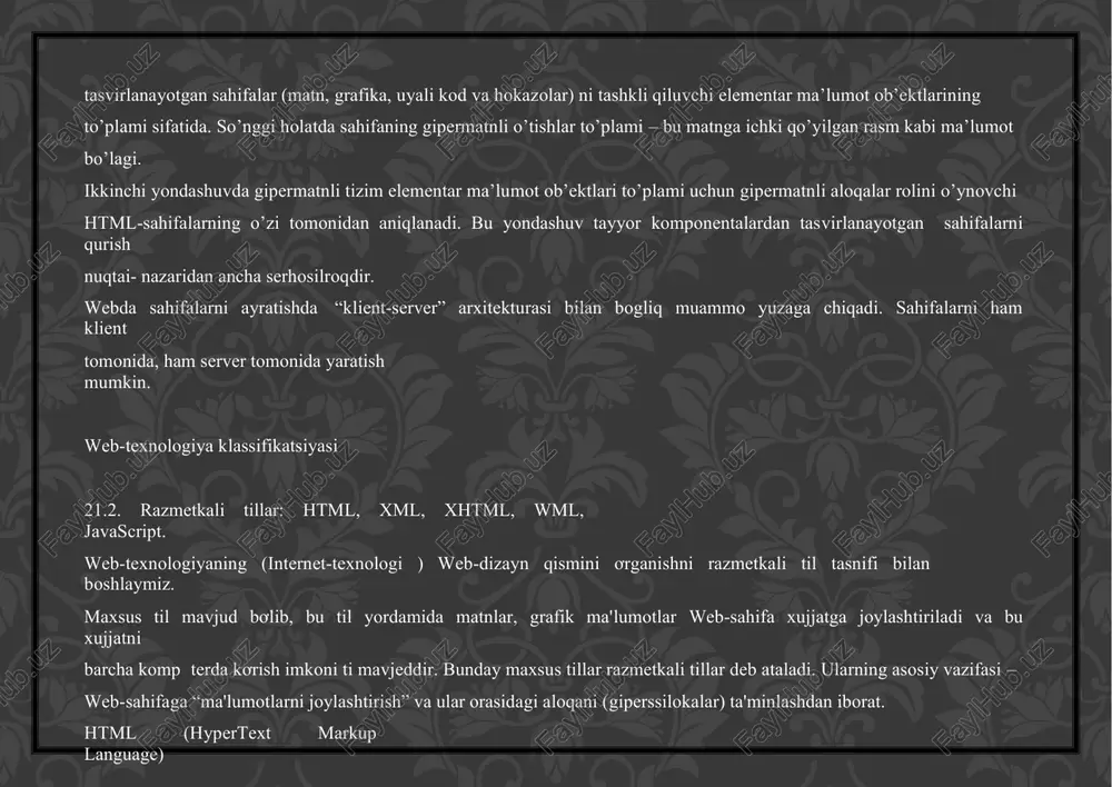 html tilining asosiy qoidalari quyidagicha: 1 − qoida. htmldagi istagan harakat teglar bilan aniqlanadi. bitta teg (chap) harakatning bosh qismida, ikkinchisi esa, (o’ng) oxirida turadi. bunda teglar « » ishoralar bilan yonma-yon turadi. yolg’iz o’zi ishlatiladigan teglar ham mavjud. 2 − qoida. brauzer darchasidagi burchakli qavs ichiga joylashtirilgan istagan teg yoki boshqa ko’rsatma tashqariga chiqarilmaydi va html–fayl uchun ichki buyruq hisoblanadi. xujjatlar orasidagi aloqani ta'minlash va ma'lumotlarni formatlash vositalari teg (tag) deb ataluvchi vosita orqali amalga oshiriladi. web-sahifaning matn va teglari aralash ravishda html-xujjat deb ataluvchi faylining ichiga joylashtiriladi. qanday tagni qơllaganingizga qarab brau er oynasida ma'lumotlar turlicha kơrinadi. html xujjatga ma'lumotlarni joylashtirish va tahrirlash uchun zlab teglar mavjud. masalan, va teglari abzasni tashkil tadi, va juft t glari sa, matnni yozma (kursiv) holda kơrsatish uchun qơllaniladi. shu bilan birga gipermatnli ssilkalar teglari ham mavjud. ushbu lementlar foydalanuvchiga gipermatn ustiga sichqoncha kursori bosilganda boshqa xujjatga boğlanish imkonini beradi. xml (extensible …