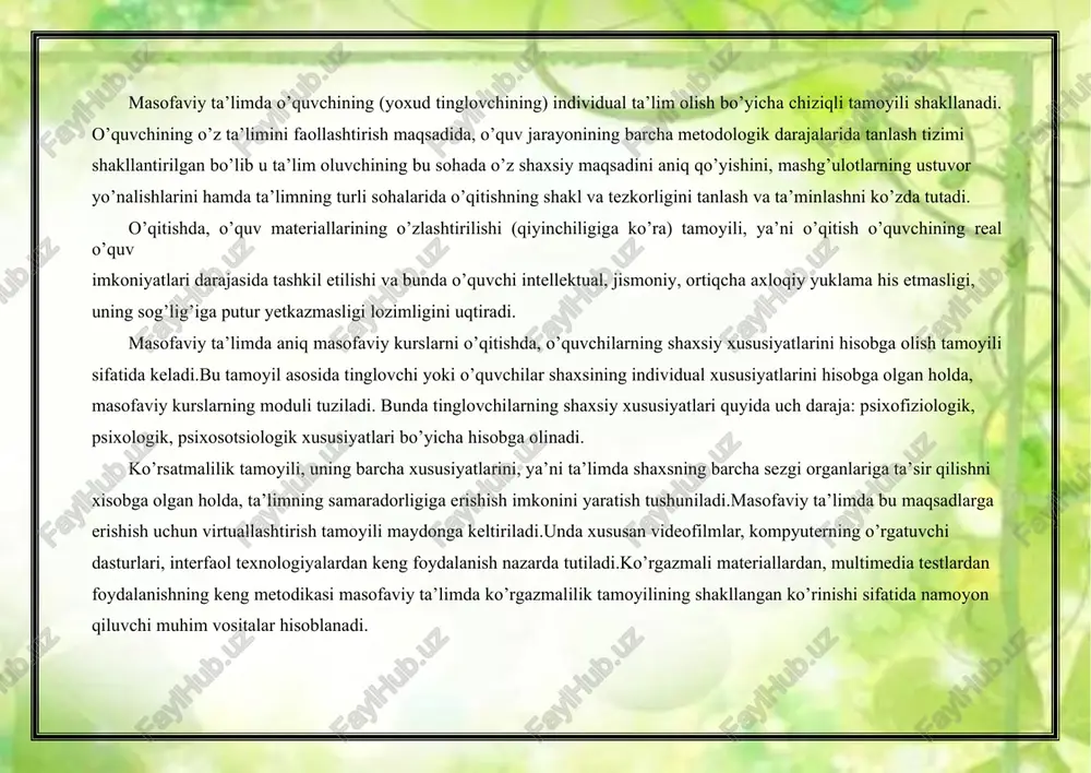 dagilardan tashkil toradi. 1) fanga kirish (tarixi, rredmeti, dolzarbligi, mutaxassislik bo’uicha dasturning boshqa fanlar bilan o’zaro bog’liqligi va o’rni); 2) fan (kurs) bo’uicha o’quv dasturi; 3) fanni o’rganishning maqsad va vazifalari; 4) kursni mustaqil o’rganish bo’uicha uslubiu ko’rsatmalar; 5) mundarija; 6) bo’limlar bo’uicha tuzilgan asosiu mundarija; 7) bo’limlar bo’uicha nazariu va amaliu ma’lumotlar, testlar, savollar, trening uchun javoblari bilan mashqlar; 8) uakuniu test; 9) mustaqil ishlash uchun amaliu torshiriqlar; 10) katta bo’lmagan ilmiu-tadqiqot ishlari uchun mavzular (mini-iti); 11) terminlarning izohli lug’ati; 12) qisqartma va atamalar ro’uhati; 13) xulosa; 14) adabiuotlar ro’uxati(asosiu, qo’shimcha, fakultativ); 15) kursning mavzulari bo’uicha darsliklardan, jurnallardan olingan va ilmiu maqolalar lavhalarini o’z ichiga olgan xrestomatiua (daujest); 16) qo’llanmaning muallifi haqida qisqacha ma’lumot. fanlar bo’uicha o’quv darslarining uslubiu ta’minoti sxematik tarzda 1.9-rasmda keltirilgan. boshqaruv bloki o'quv bloki (didaktik profel dasturlar, o'quv rejalar ishlari dogrammalar multimediali ma'ruza va rni ishlab chiqish lopedik lug'atlar fanlar bo'yicha o'quv darslarning uslubiy ta'minoti …