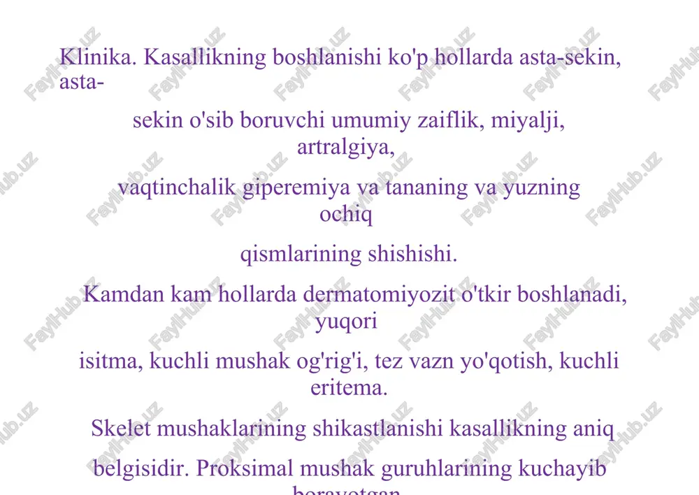 ham ataladigan kasallik. o'zgarishlar shundan iboratki, kichik tomirlarning devorlari yallig'lanadi va vayron bo'ladi, ularda ko'p miqdordagi mikrotromblar hosil bo'ladi, teri va ichki organlarning tomirlari ta'sirlanadi. dudoqlar, yonoqlarning shilliq qavatida, yumshoq tanglayda bolada sezilarli darajada ko'p miqdorda qizil yoki quyuq gilos qon ketishi mavjud. ular shilliq qavatdan biroz yuqoriga ko'tariladi, ba'zida ular qon ketishi mumkin.gemorragik vaskulit immunopatologik kasallik hisoblanadi, bu ko'proq erkaklarda uchraydi. gemorragik vaskulitning shakllari: oddiy revmatoid fulminant qorin. kasallikning kechishi: 1-o'tkir 2-surunkali relaps bolalarda gemorragik vaskulitning asoratlari: 1-teshilish 2-invajinatsiya 3-oshqozon-ichakdan qon ketishi peritonit 4-o'tkir postgemorragik anemiya bolalarda gemorragik vaskulit: kasallik tananing yuqumli lezyonlari tufayli yuzaga keladi: gripp, tonzillit, o'tkir respirator virusli infektsiya, suvchechak va qizil olov. ushbu kasalliklar jarayonida kapillyarlarning devorlariga zarar yetkaziladi va immun komplekslarini ishlab chiqarish kuchayadi. kasallikni qo'zg'atuvchi omillar orasida quyidagilar mavjud: 1-gipotermiya 2-jarohat 3-dori-darmonlarga nisbatan murosasizlik, biror narsaga allergiya muvaffaqiyatsiz emlash patogenezi bolalarda gemorragik vaskulit: gemorragik vaskulit bilan kapillyarlarning o'tkazuvchanligi keskin oshadi. plazmaning ko'p miqdorda …