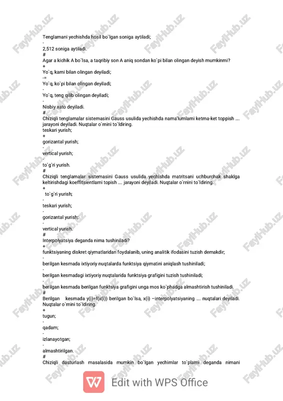 i qanoatlantiradigan va maqsad funksiyasini qanoatlantirmaydigan yechimga aytiladi; - qo`yilgan chegaraviy shartlarni qanoatlantirmaydigan va maqsad funksiyasini maksimum yoki minimumga aylantiradigan yechimga aytiladi; - qo`yilgan chegaraviy shartlarni qanoatlantiradigan va maqsad funksiyasini ekstremumga aylantirmaydigan yechimga aytiladi. # interpolyatsiyalashda n – tartibli polinom(ko`p had)ning n-tartibli chekli ayirmasi nimaga teng? + o`zgarmas songa; - o`zgaruvchiga; - funksiyaga; - tenglamaga. # qadam h=1 bo`lganda x kubinchi funktsiyaning 1-tartibli chekli ayirmasi qanday ko`rinishda bo`ladi? + kvadrat funksiya; - chiziqli funksiya; - constanta; - kubinchi darajali funksiya. # qadam h=1 bo`lganda x kubinchi funktsiyaning 2-tartibli chekli ayirmasi qanday ko`rinishda bo`ladi? + chiziqli funksiya; - kvadrat funksiya; - kubinchi darajali funksiya; - constanta. # qadam h=1 bo`lganda x kubinchi funktsiyaning 3-tartibli chekli ayirmasi qanday ko`rinishda bo`ladi? + constanta; - kvadrat funksiya; - kubinchi darajali funksiya; - chiziqli funksiya. # matematik dasturlash fani nimani o`rganadi? + qo`yilgan masalaning optimal yechimini topish; - qo`yilgan masalani qanoatlantiradigan yechimlar to`plamini; - chiziqli …