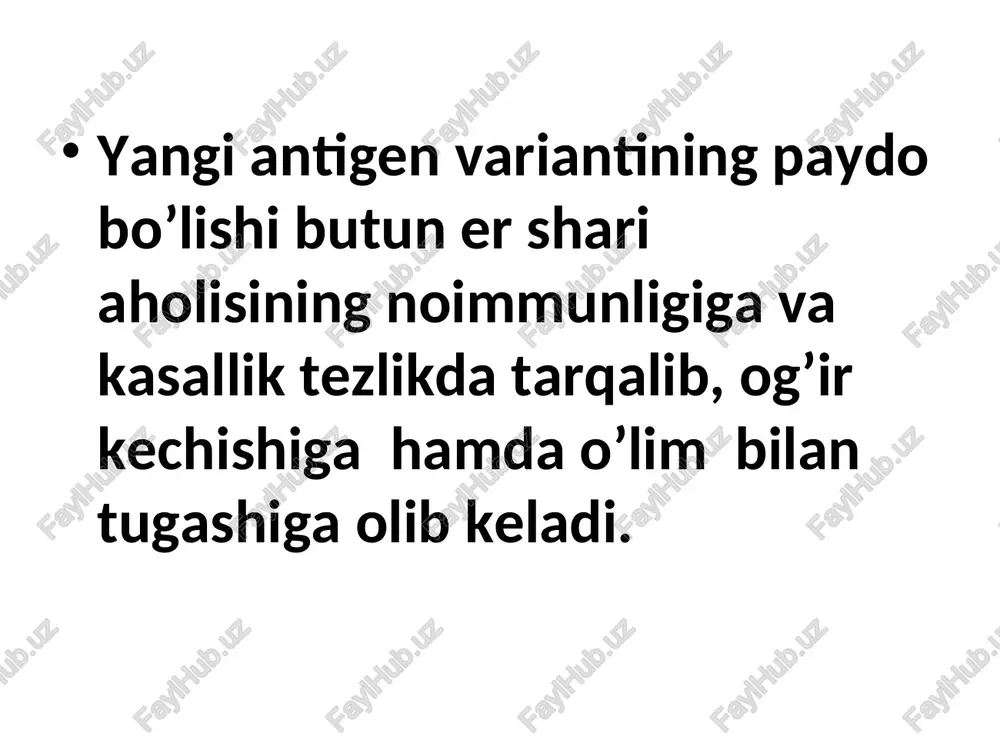 t zardobi). lozim topilsa o’pka rentgenogrammasi. davolash tizimi 1. to’shakli rejim 2. ko’proq suyuqlik (malina,limon,asalli choy,kampotlar) 3. etiotrop davo vositalari (interferon, remantadin, amiksin, grippga qarshi immunnoglobulin) 4. patogenetik davo vositalari : 4.1. umumiy zaharlanishga qarshi gemodez, 5% glyukoza, reopoliglyukin buyuriladi 4.2. umumiy kuvvatlantirish maqsadida c, b guruh vitaminlar tavsiya etiladi. 4.3. gemorragik sindromga qarshi vikasol, ditsinon, rutin, kalsiy preparatlari buyuriladi 4.4. neyrotoksikozga qarshi 10% eki 20% glyukoza eritmasi, 25%magniy sulfat, diuretiklar, kortikosteroidlar, neyroleptiklar (aminazin, propazin) 4.5. astmatik sindromga qarshi dimedrol, diprazin, suprastin, tedin, efedrin,eufilin,kortikasteroidlar buyuriladi 5. simptomatik davo maqsadida antigrippin, litik aralashmalar 6. asoratlar paydo bo’lsa antibiotiklar benzilpenitsillin ampitsillin amoksitsillin oksatsillin tetratsiklin biseptol buyuriladi oldini olish gripp va o’rvilarda qo’llaniladigan virusga qarshi dori vositalar 1. adamantandan tarkib topgan: remantadin, algirem, amantadin 2. neyraminidaza aktivligini ingibitorlari: ozeltamivir – tamiflyu, zanamivir - relenza. 3. interferon preparatlari (ifn) va ular induktorlari: grippferon, viferon, reaferon, amiksin, arbidol, sikloferon, neovir, kagotsel, larifan, ridostin e’tiboringiz uchun …
