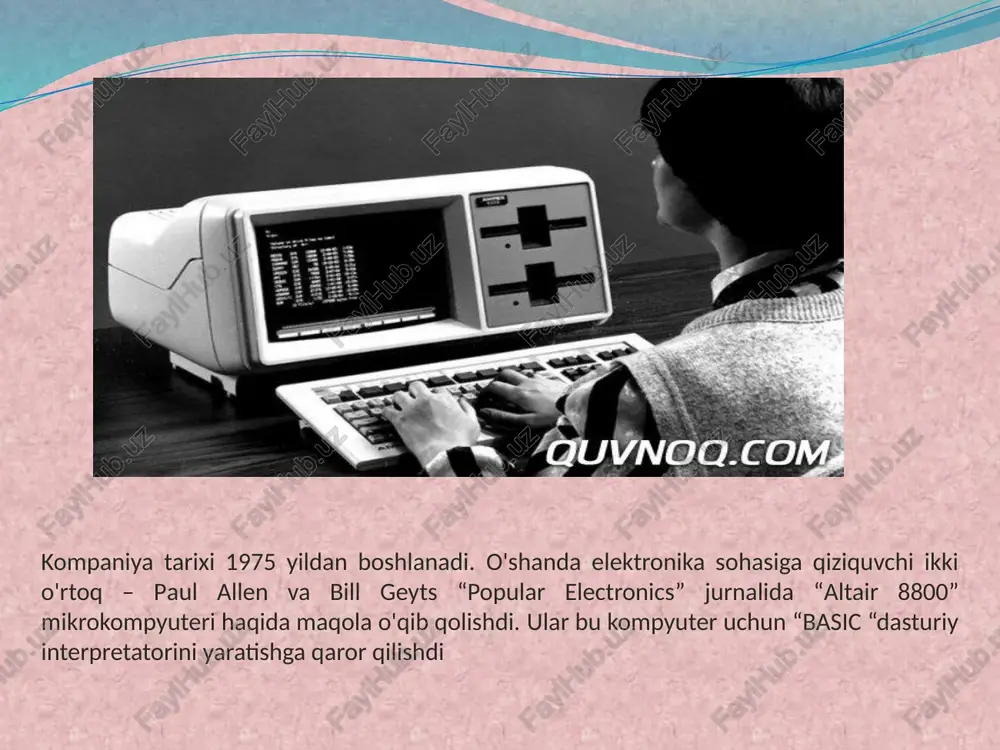 i. microsoft korporatsiyasi 1975 yilda bill geyts va pol allen tomonidan tashkil etilgan. 1970-yillarning oxirida u shaxsiy kompyuterlar uchun operatsion tizim (ot)larni ishlab chiqarish bilan shug'ullana boshladi. ms-dos operatsion tizimning birinchilaridan edi, uning boshqaruvi buyruq qatori orqali amalga oshirilgan. windows 1 1983 yil 10 noyabrda microsoft windows (ingl."oyna") nomli ilk grafik qobiqga ega bo'lgan dastlabki otni taqdim etdi.uning savdolari 1985 yil 20 noyabrda boshlandi. deyarli ms-dos tarkibida bo'lgan ushbu operatsion tizimga asosiy ilovalar kiritilgan: kalkulyator, bloknot, paint grafik muharriri, write matn muharriri, soat, o'yinlar va b. tizim bir necha vazifani bir vaqtning o'zida bajarish imkonini berar edi, biroq ular ekranda bir-birini to'sib qo'ygan holatda joylashar edi. os apparat ta'minotida yuqori talablar va o'sha vaqtda keng tarqalmagan sichqonlarni sotib olish zarurati tufayli mashhurlikka erishmadi. windows operatsion tizimi nusxasining ilk narxi amerika bozorida 100 aqsh dollarini tashkil etgan, 500 ming nusxa sotilgan. windows ot apple kompaniyasi tomonidan lisa kompyuterlari uchun ishlab chiqilgan …