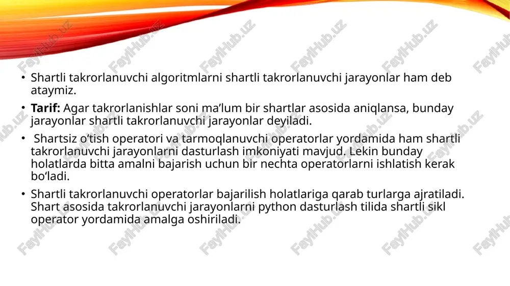 bekistondagi python dasturlash kurslari va darsliklar o‘zbekistonda turli onlayn kurslar va darsliklarda shartli operatorlar va python dasturlash asoslari haqida materiallar mavjud. misol uchun, edu.uz, yandex.uz va boshqa onlayn ta'lim resurslarida python dasturlash tili bo‘yicha qo‘llanmalar va amaliy mashqlarni topish mumkin. 5. "python dasturlash tilini o‘rganish" - mahmudov jamshid ushbu kitobda python dasturlash tilining barcha muhim elementlari, shartli dasturlar va boshqa kodlash konstruksiyalari haqida tushuntirishlar va amaliy misollar keltirilgan. 6. "python dasturlash asoslari" - qosimov bahodir kitobda python dasturlash tilining asoslari, shartli operatorlar va boshqa ko‘plab mavzular to‘g‘risida o‘rganish mumkin. o‘zbekistonlik mutaxassislarning ta'lim resurslaridan biri bo‘lib, boshlang‘ich darajadagi dasturchilar uchun mos keladi e’tiboringiz uchun raxmat image2.png image3.png image4.jpg image5.webp image6.png image1.png sssrl™ | ie “ totes oe 129” viewbox="@ @ gag 450] sale teeta — hale height="450" rx= “3” fille"url(tentiecoenll” gar /docprops/thumbnail.jpeg python dasturlash. tilida shartli dasturlar tuzish