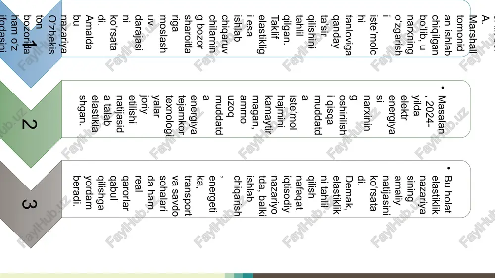 omadli guruh uchun premium mahsulotlar ishlab chiqarishni kengaytirgan. natijada, korxonaning umumiy savdo hajmi 14% ga oshgan. natijada, korxonaning umumiy savdo hajmi 14% ga oshgan. bundan tashqari, elastiklik tahlili marketing strategiyalarini takomillashtirishda, ya’ni chegirmalar, reklama va brending qarorlarini ishlab chiqishda ham katta yordam beradi. shu sababli, elastiklik korxonalarning uzoq muddatli barqaror o‘sish modelini yaratishda muhim iqtisodiy ko‘rsatkich sifatida qaraladi. o‘zbekiston iqtisodiyotida so‘nggi yillarda narx va daromad elastikligiga oid amaliy tahlillar keng qo‘llanilmoqda. masalan, 2024-yilda statistika agentligi ma’lumotlariga ko‘ra, aholining real daromadi 12,1% ga oshgan bo‘lsa, xizmatlar sektori iste’moli 17,5% ga ko‘paygan — bu yuqori daromad elastikligini ko‘rsatadi. shu bilan birga, non, gaz va transport xizmatlariga talab esa deyarli o‘zgarmagan, ya’ni past narx elastikligiga ega bo‘lgan tovarlar sifatida tasniflangan. energiya resurslari bozorida ham narx elastikligi past, chunki bu mahsulotlar aholining zarur ehtiyojlari qatoriga kiradi. tahlillar shuni ko‘rsatadiki, elastiklikni aniqlash davlat iqtisodiy siyosatini rejalashtirishda ham muhim ahamiyatga ega: soliq siyosati, subsidiyalar va narx …