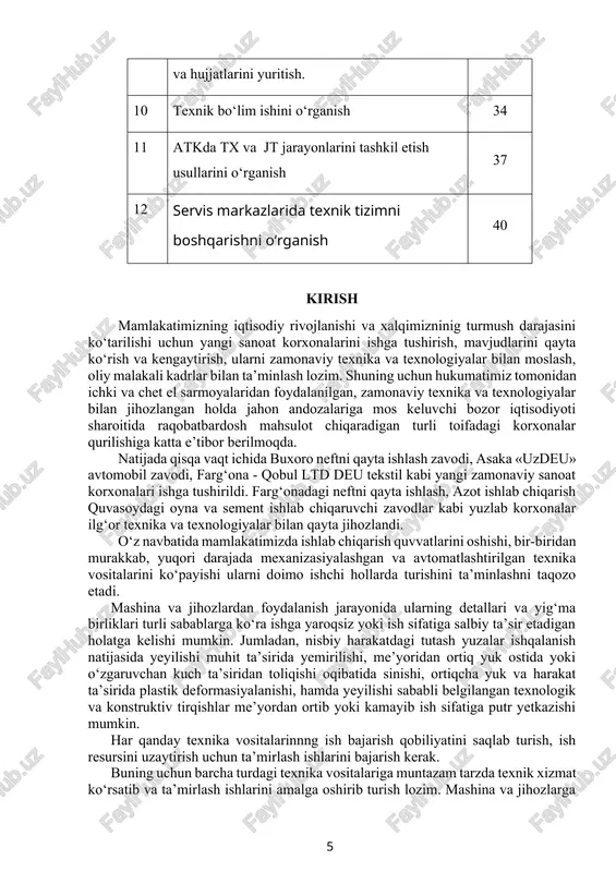 arni markazlashgan holda ta’mirlash va ularga xizmat ko‘rsatish ustaxonasi; - nostandart jihozlar tayyorlash va yangi texnikani joriy etish ustaxonasi; - texnik vositalarni boshqarishni ta’mirlash va ularga ximat ko‘rsatish ustaxonasi; - bino va inshootlarni ta’mirlash qayta qurish va qurilish brigadasi. bundan tashqari bosh mexanik xizmatiga endogiya kuchlari, standart-texnika jihozlari, boshqarish vositalarini, garaj jihozlarini ta’mirlash va ularga xizmat ko‘rsatish xodimlari ham kiradi. hisobot yozish. farg‘onatrans asosiy uyushmasiga qarashli farg‘ona avtokombinatning bosh mexanigi ishini yozma taxlil qilish va boshqarish jarayonini chizish. (sxema) 2 - laboratoriya ishi navbatchi mexanik bo‘limining ishini o‘rganish. ishdan maqsad: navbatchi mexanik bo‘limi ishini tashkil qilishni o‘rganish. kerakli jihozlar: yo‘riqnomalar, rejalar grafiklar. nazariy qism. talaba ushbu ishni bajarish uchun avtokorxona navbatchi mexanigini quyidagi vazifalarini bilish va bajarishi kerak. avtotransport korxonalarida navbatchi mexanik xizmati avtomobillarni ishga chiqishdan oldin kxk, sanitar texnik va avtomobil jihozlarini texnik soz holda ushlab turish bilan bog‘liq funksiyalarni bajaradi. navbatchi mexanikning burchagi 1. transport vositalarini ishga chiqishda …