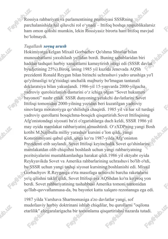 991 yilda o'zaro iqtisodiy yordam kengashi va varshava shartnomasi tashkiloti rasman o'z faoliyatini to'xtatdi.qadimgi ittifoqchilarsiz qolgan va yangi ittifoqchilarga ega bo'lmagan sssr xalqaro munosabatlarda tashabbusni tezda yo'qotdi.sssrning mavjudligi aqshni dunyodagi yagona super davlatga aylantirdi. 1991 yil dekabr oyida amerika prezidenti o'z xalqini sovuq urushda g'alaba qozonganligi bilan tabrikladi. qayta qurish siyosatining boshlanishi. 1985 yilda u kpss markaziy qo'mitasining bosh kotibi bo'ldi m. s. gorbachev. kpss markaziy komitetining 1985 yil aprelda boʻlib oʻtgan plenumida jamiyatni oʻzgartirish maqsadida mamlakatda keng koʻlamli islohotlar amalga oshirilayotganligi eʼlon qilindi. bir qator sohalarda, jumladan, iqtisodiyotda ham islohotlarni amalga oshirish rejalashtirilgan edi. ayniqsa, mashinasozlik sanoatini rivojlantirishga katta e'tibor berilishi kerak edi. mashinasozlik iqtisodiyotning barcha boshqa tarmoqlarini rivojlanishida ortda qoldirishi kerak edi. hukumat tomonidan qabul qilingan va tasdiqlangan qayta qurish toʻgʻrisidagi birinchi qonunlar “mastlik va alkogolizmga qarshi kurashish chora-tadbirlari toʻgʻrisida”gi farmon va “davlat qabuli toʻgʻrisida”gi qonunlar boʻldi. ammo alkogolga qarshi kampaniya muvaffaqiyatsizlikka uchradi, chunki davlat spirtli ichimliklar sotishdan …