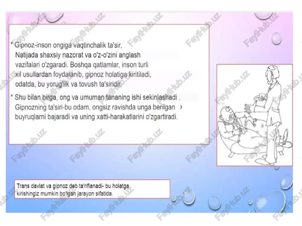 lizim). * etaklasifikatsiya vm bekhterev (1911) va undan keyin takifqilindi forel (1928), e. s. katkov (1956), p. |, bulem (1974), e. v. rozhnov (1985) va ~ gipnozning birinchi bosqichi-uyquchanlik bosqichi yogimli uyquchanik, dam olish va dam olish holati bilan tavsifianadi, qo'llar va oyoglar yogimli ogiirikka ega, ba’zan esa, aksincha, engilik. harakat qilish qiyin, ainogda va deyarii mumkin emas. tovushlar eshitladi, lekin ular bu bosqichda allaqachon tashvishlanmaydi, psixoterapevt ishlaydi, gipnosuggestif terapiya olib keladigan foyda-na shaxs, ams * gipnozning eng mashhur turi klassik direktiv yoki imperativdir. + klassik gipnoz (yunon tilidan. hypnos coh), boshaa his organlari (stroking), eshitish (sokin tinchlantiruvchi musiga, shifokor bir xildagi nutq) va uzog, ritmik monoton ta'siri hagida ritmik, monoton, asosan zaif ta'sirlanish ta'sir bilan erishiladi inson snopodobnoe daviat maxsus turdagi ee o * ikkinchi bosqichda - katalepsiya bosqichida yuqorida ko'rsatilgan barcha belgilar kuchayadi, o'sib boradi, aniq bir rapport paydo bo'ladi, ya'ni sessiya o'tkazadiganlar va gipnozning ikkinchi bosqichining o'ziga …