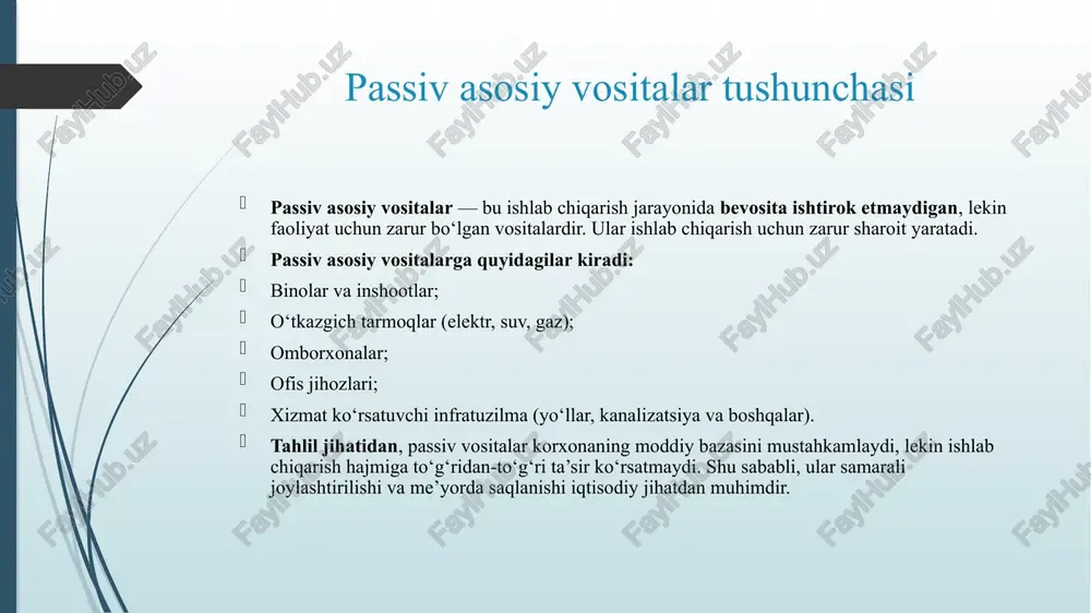 va raqobatbardoshlikka erishadi. aktiv va passiv asosiy vositalar tahlili korxonaning ishlab chiqarish imkoniyatlarini, texnik darajasini va iqtisodiy barqarorligini baholashda asosiy manba hisoblanadi. aktiv vositalar ishlab chiqarishning harakatlantiruvchi kuchi bo‘lsa, passiv vositalar unga tayanch bo‘lib xizmat qiladi. ularning optimal nisbatini saqlash, eskirgan vositalarni o‘z vaqtida yangilash va zamonaviy texnologiyalarni joriy etish korxona faoliyatini yanada samarali qiladi. foydalanilgan adabiyotlar karimov, a. m. “korxona iqtisodiy tahlili” – toshkent: iqtisodiyot nashriyoti, 2021. mamatqulov, sh. r. “asosiy vositalar hisobini yuritish va ularni tahlil qilish asoslari” – toshkent: tdiu, 2022. jo‘rayev, o. va abdurahmonova, g. “buxgalteriya hisobi va moliyaviy tahlil” – toshkent: “fan va texnologiya”, 2020. rasulov, h. a. “iqtisodiy tahlil nazariyasi va amaliyoti” – samarqand: samdu nashriyoti, 2023. abduvaliyev, b. a. “korxonada asosiy vositalarni boshqarish va yangilash mexanizmlari” – toshkent: tdiu, 2019. o‘zbekiston respublikasi moliya vazirligi. “asosiy vositalarni hisobga olish bo‘yicha milliy standartlar” – toshkent, 2023. meliboev, n. m. “iqtisodiy tahlil va audit asoslari” – …