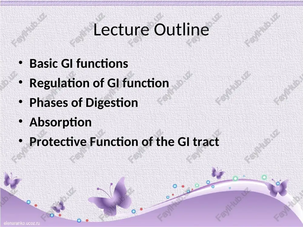 stric phases phases of digestion intestinal phase the large intestines main processes are concentrating waste removal of water only about .1l of water lost daily through feces movement & defecation ileocecal valve controls chyme entrance into colon relaxes in sequence with intestinal peristalsis as well as when gastric emptying starts (gastrocolic reflex) cck, serotonin and gastrin are potential initiators of the gastrocolic reflex defecation reflex increases abdominal pressure, relaxes anal sphincters digestion and absorption digestion mainly through bacterial action which produces lactate and fatty acids which are absorbable by simple diffusion bacterial action also produces vitamin k by product of bacterial fermentation is gas (co2, methane & hs) lecture outline basic gi functions regulation of gi function phases of digestion absorption protective function of the gi tract absorption carbohydrate absorption absorption protein absorption absorption lipid digestion & absorption absorption absorbed nutrients and water are returned via the hepatic portal system …
