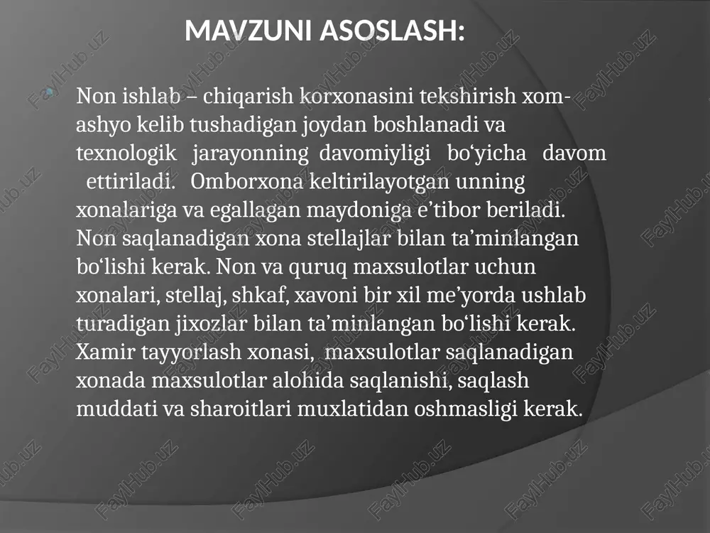 sh yuli bilan changdan tozalaydi. bu erda etarli quvvatdagi olib ketuvchi ventilyasiya ishlashi kerak. aks xolda xonada xavo changlanish yuz beradi. ombor zararkunandalariga qarshi qiruvchi profilaktik chora-tadbirlarni xam olib boriladi. gazli dezinseksiya- xlorniki, oltingugurt uglerod kabi zaharli gazlar qo‘laniladi. un elash bo‘limida unni yod jismlardan xoli bo‘lishini qat’iy nazorat qilinadi. magnit tutgichlar yordamida metall zarrachalari tushib qoladi. magnit tutgichni regulyar ravishda metall zarralardan tozalab turish kerak. bu bo‘limdan un dozimetr orqali xamir qorish agregatiga o‘tadi. shu erga filtrlangan tuz eritmasi, issik va sovuk suv keltiriladi. xamir qorishgandan so‘ng turish kameralarida zos dan yuqori haroratda turadi. xamirda biokimyoviy jarayon kechadi: achitqi va bakteriya fermentlari kraxmalini parchalaydi, uglerod gazi xosil buladi va pishirish jaraenida kam mikdorda ajraladi.. non ishlab chiqarish korxonalarini sanitar gigienik holati. . so‘ng mexanik tushirgich yordamida zuvola yasash bo‘limi mashinasiga beriladi. bu erda hosil bo‘lgan zuvolalar shakllarga solinadi. shakllar qisman o‘simlik yog‘i bilan yog‘lanadi. bu jarayon yog‘li pnevmatik purkash …