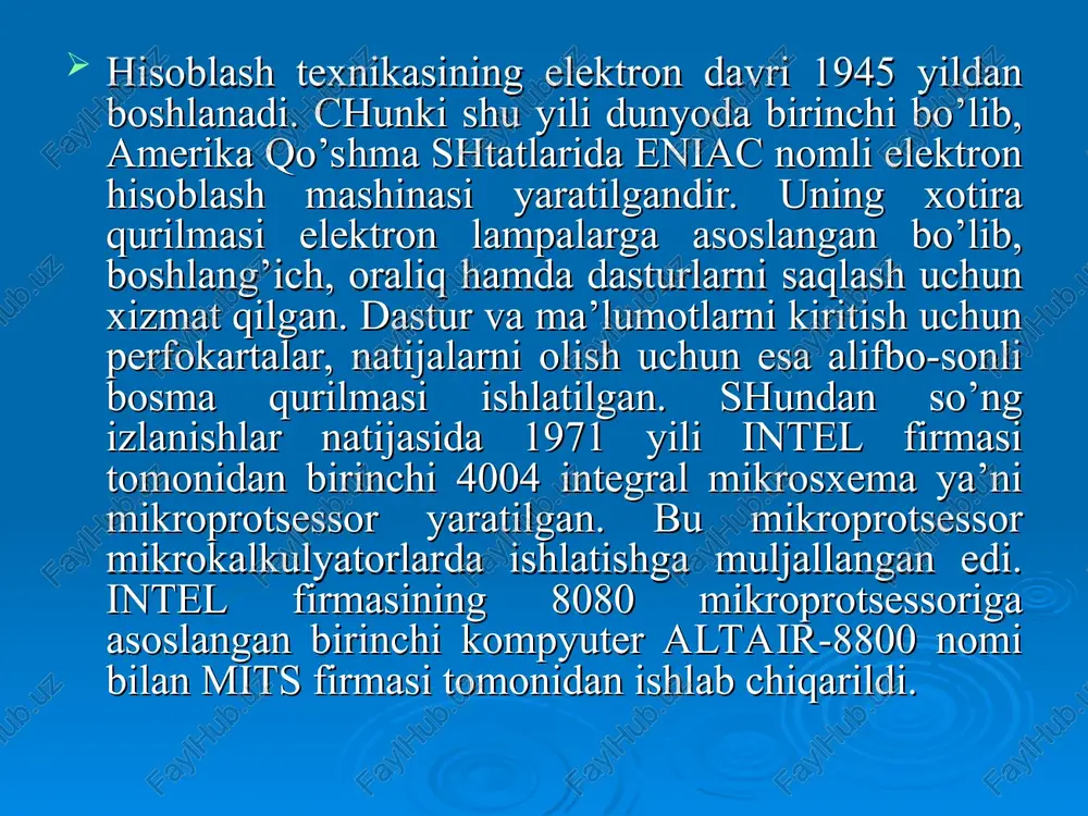 minlovchi universal avtomatik qurilmadir. kompyuter hozirgi kunda hisoblashlarni bajaribgina qolmay, balki musiqa va video ma`lumotlarni ham qayta ishlash va namoyish qilish imkoniyatiga ega. kompyuterlarda video namoyishi uning ekrani orqali amalga oshiriladi. bunda videofilmlarni namoyish etishga mo`ljallangan maxsus dasturlar - media playerlar yordamida filmlarni kompyuter ekranida tomosha qilish va uning ovozini karnaylar orqali eshitish mumkin. hozirgi kunda kompyuterlarda video ma`lumotlarning mpg va avi turlari keng tarqalgan. xulosa hozirgi kungacha ibm tipidagi 80086, 80286, 80386, 80486 hamda 80586 yoki pentium i, pentium ii, pentium iii, pentium iv deb ataluvchi mikroprotsessorli kompyuterlar ishlab chiqarilgan. 3. ehmlar bir-biridan texnik xarakteristikalari, mantiqiy tashkil etilishi, elementlar bazasi hamda programma ta’minoti bilan farqlanadi. exmlarning rivojlanish jarayonida asosiy omillardan biri, mashinalarning foydali ish koeffitsentini oshirishga harakat bo’lgan. yuqorida qayd etilgan va boshqa xarakteristikalarga asoslangan holda ehmlarni shartli ravishda avlodlarga bo’lish qabul qilingan. ehmlarning texnik iqtisodiy ko’rsatkichlarining o’zgarib turishi ularning qurilmalarida ishlatiladigan elektron sxemalarga va ishlash tezligiga bog’liq bo’lib, …