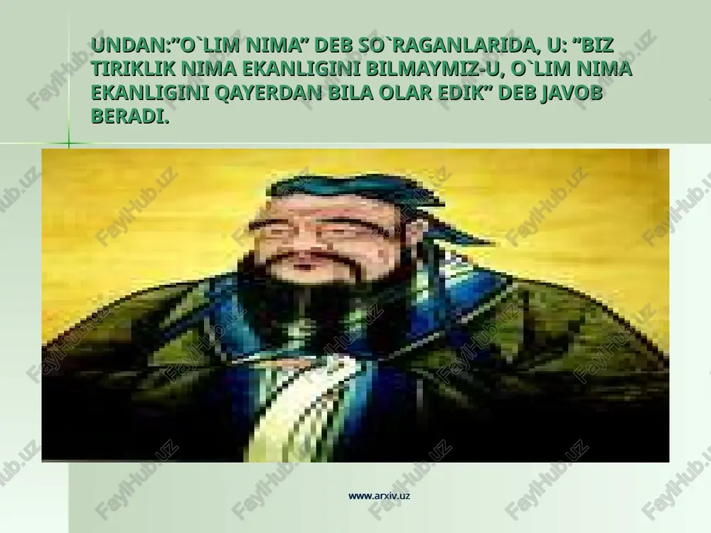 iyoratgohga aylandi. mil. av. 195 yilda birinchi xan podshohi lyu ban shaxsan o’zi konfutsiy ibodatxonasida unga atab «tay-lyao» (xitoyda eng oliy qurbonlik – qo’y, xo’kiz va cho’chqa) uchlik qurbonligi keltiradi. mana shu asrdan boshlab konfutsiy nomi xitoyda ilohiylashtirildi va unga atab muntazam qoidalar asosida qurbonliklar qilinadigan bo’ldi. xan sulolasi davrida konfutsiyga knyazlik unvoni berildi. x-xiii asrlarga kelib, sun sulolasi davrida unga imperatorlik unvoni, otasiga esa knyazlik unvoni berildi. keyinroq yuan va min sulolalari (xiii-xiv asrlar) davrida unga yana ham yuksakroq daraja – «haqiqiy donishmand», «millatlarning buyuk ustozi» unvonlari berildi. xitoyning deyarli barcha shaharlarida konfutsiyga atab qurilgan ibodatxonalar paydo bo’ldi. bunday ibodatxonalar soni mingga yaqin edi. dastlabki paytda ibodatxonaning qurbonlik qilinadigan joyida oddiygina konfutsiy nomi yozilgan lavha osilgan edi. xitoyga buddizm kirib kelgach, lavha o’rnini endi konfutsiyning haykali egalladi. tsuyfudagi ibodatxonadan boshqa hammasi bir xil shaklga ega edi. unda konfutsiy haykali yoniga 86 shogirdining nomi bitilgan lavha yoki haykallar qo’yilgan. tsuyfudagi …