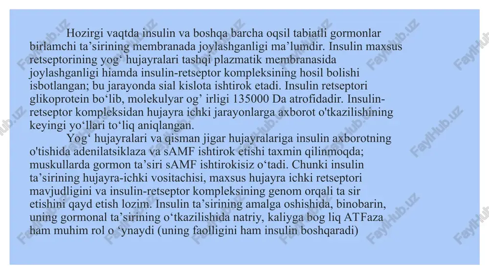 tlarida glikogen bilan yog'laming tezdan safarbar bo‘lishini ta’minlaydi. korsatib o'tilgan gormonlar asosan energiya almashinuvini uglevodlar bilan yog'lami zaxira qilib to‘plash va safarbar qilib borishni, uglevod, yog'lar va aminokislotalar katabolizmini idora etib boradi. biroq moddalar almashinuvi boshqa ko'pgina gormonlarga ham bog‘liq. jumladan, somatotropin (o ‘sish gormoni) jigarda oqsil gormonlar somatomedinlar hosil boiishini tezlashtiradi. bular xuddi insulinga o'xshab muskul va yog* hujayralarga glyukoza otishini kuchaytiradi-yu, lekin undan farq qilib, jigardagi glyukoneogenezni susaytirmasdan,' balkii faollashtiradij bundan tashqari, somatotropin insulin bilan glyukagon sekretsiyasini kuchaytiradi, somatostatin esa bu jarayonni pasaytiradi. androgenlar va tiroksin oqsillar sintezi bilan glyukozaning oksidlanish tezligini oshiradi. hozir birma-bir aytib o‘tilgan gormonlaming asosiy funksiyasi, aftidan, o‘sish va morfogenez bilan aloqador bo‘lgan anabolik jarayonlami idora etishdan iboratdir. t flaming uglevodlar, yoglar va aminokislotalar energetik almashinuviga ko‘rsatadigan ta’siri esa ikkilamchi bo‘lib hisoblanadi. e’tiboringiz uchun rahmat!!! we wr = 3) >) sm “gm o gm 0 om oc | 9. ® rr wr ws oe …