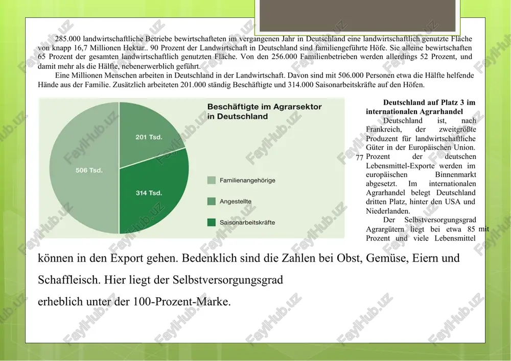 rte werden im europäischen abgesetzt. im binnenmarkt internationalen agrarhandel belegt deutschland dritten platz, hinter den usa und niederlanden. der selbstversorgungsgrad mit agrargütern liegt bei etwa 85 prozent und viele lebensmittel können in den export gehen. bedenklich sind die zahlen bei obst, gemüse, eiern und schaffleisch. hier liegt der selbstversorgungsgrad erheblich unter der 100-prozent-marke. die flächenversieglung durch siedlung und verkehr zählt zu den größten herausforderungen der landwirte. 2012 wurden rund 16,7 millionen hektar fläche landwirtschaftlich genutzt. diese setzte sich zusammen aus 71 prozent ackerland, 27,8 prozent wiesen und weiden sowie 1,2 prozent dauerkulturen. pro einwohner lassen sich somit lediglich 1.470 quadratmeter ackerfläche und 580 quadratmeter grünland nutzen, um alle versorgungsbedürfnisse in der ernährung und tierfütterung, für bioenergie zu erfüllen. zum vergleich: etwa 600 jeden quadratmeter wurden 2012 für bundesbürger allein für siedlung und verkehr benötigt. diese entwicklung treibt die preise für ackerland auf konstant hohem niveau. 2012 stiegen die preise um …