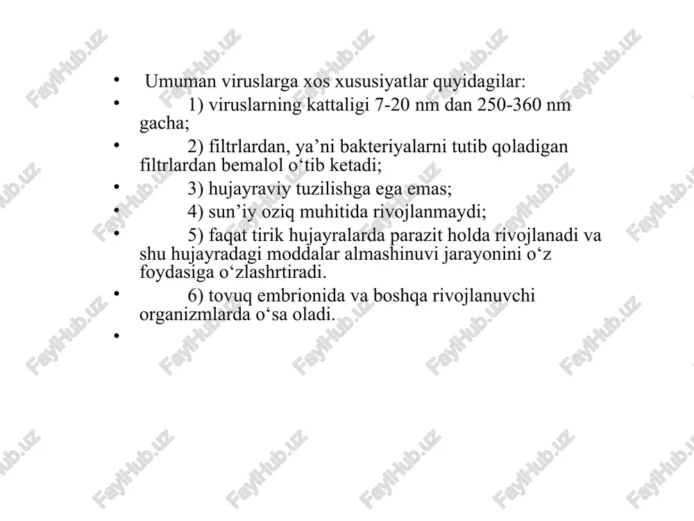 yasi qabul qilingan. ushbu klassifikatsiya viruslar morfologiyasiga tarkibida dnk va rnk borligiga asoslanib tuzilgan. 3.1. tarkibida dnk bo‘lgan viruslar p o k s v i r u s l a r 1. chin chechak virusi 2. gerpes virusi 3. suv chechak virusi a d e n o v i r u s l a r 1. adenovirus infeksiyasini vujudga keltiruvchilar. f a g l a r 1. bakteriofaglar (bakteriyalar virusi) 2. sianofaglar (ko‘k yashil suv o‘tlar virusi) 3. aktinofaglar (aktinomitsstlar virusi) 3. viruslar klassifikatsiyasi va virusli kasalliklar m i k s o v i r u s l a r 1. gripp virusi 2. qizamiq virusi 3. quturish virusi r i o v i r u s l a r- yomon shish kasalliklarini qo'zg'atadi p i k o r n o v i r u s l a r 1. oqsil virusi 3.2. tarkibida rnk bo‘lgan viruslar a r b …